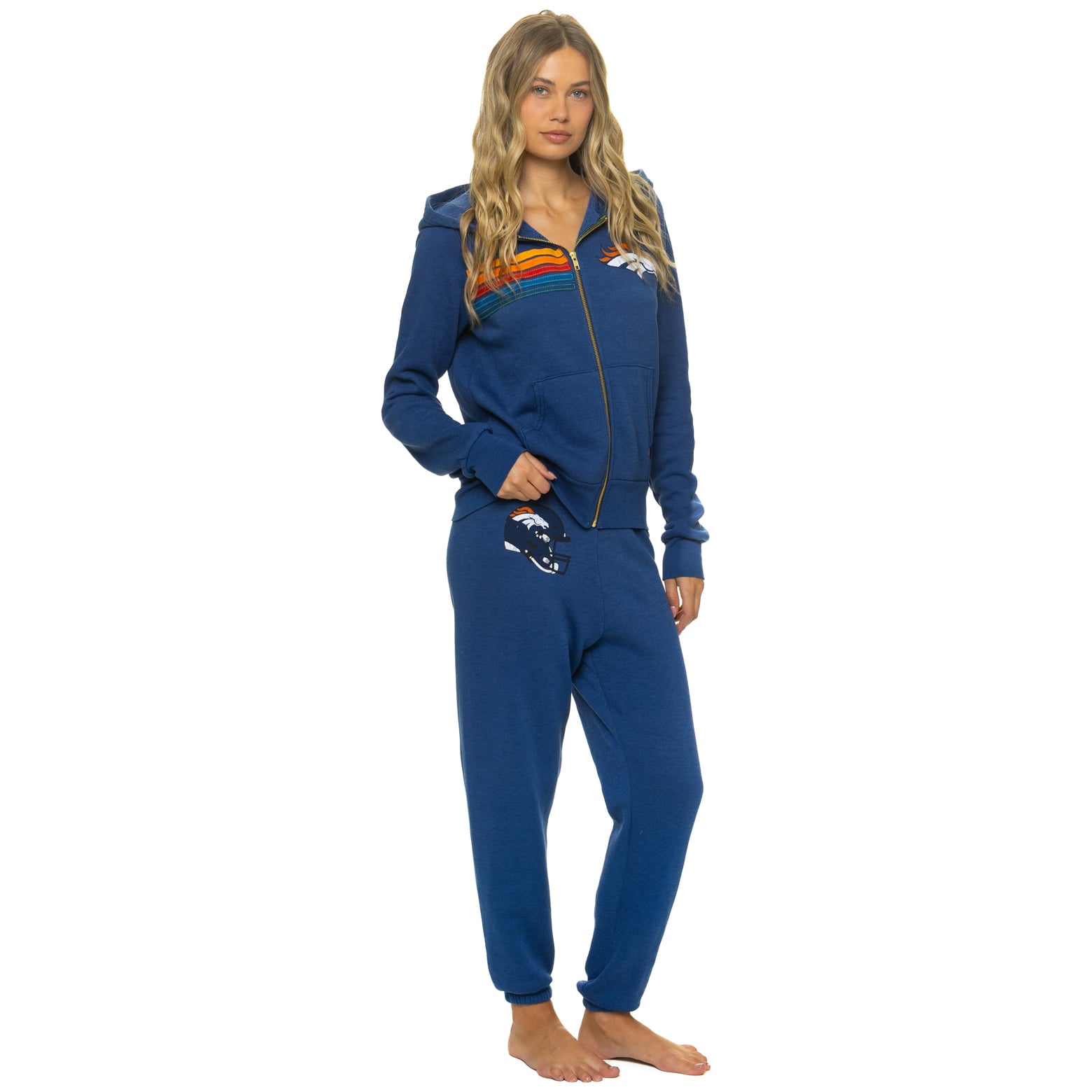 Sweat à capuche unisexe Aviator Nation bleu marine Denver Broncos en mélange de trois matières, fermeture éclair intégrale