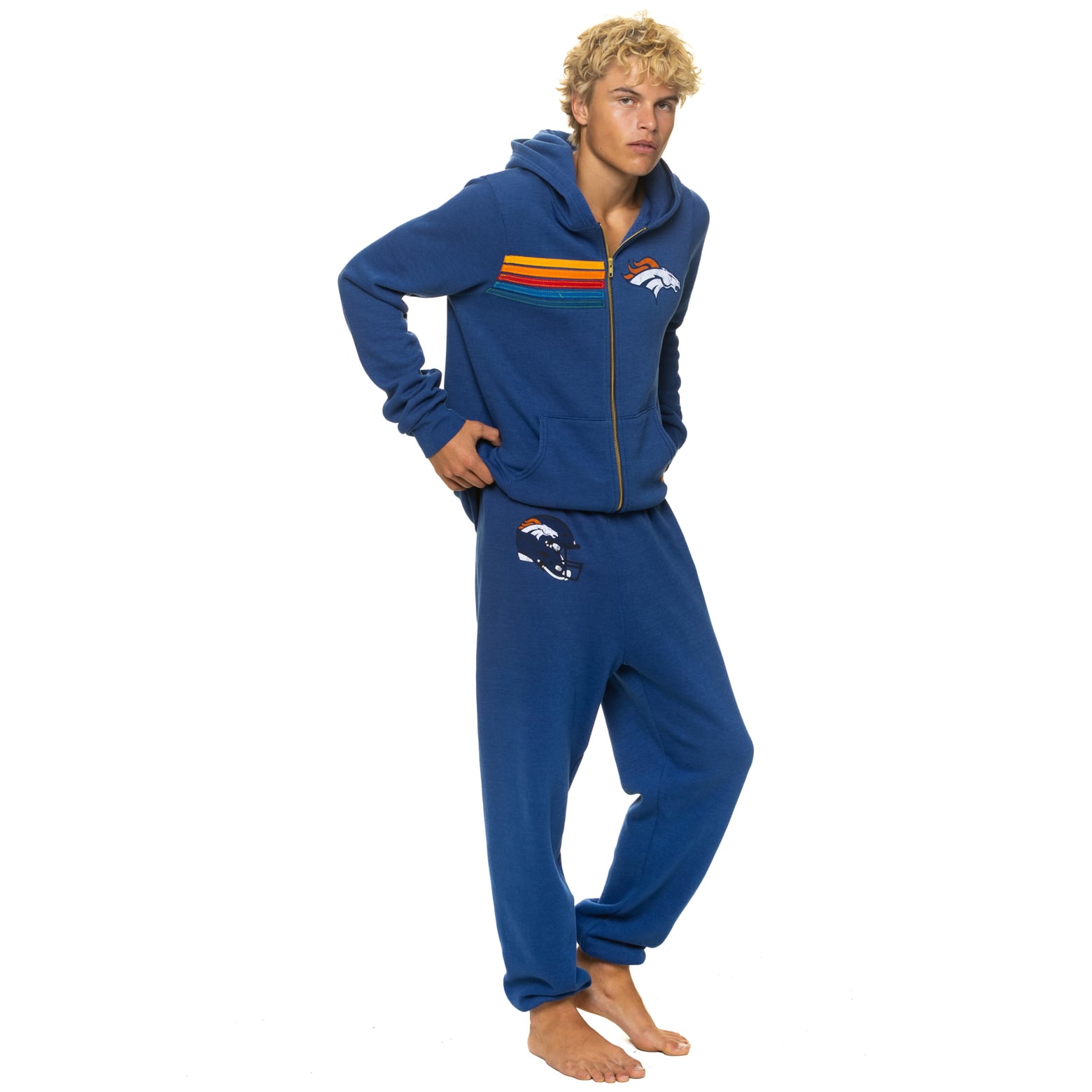Sweat à capuche unisexe Aviator Nation bleu marine Denver Broncos en mélange de trois matières, fermeture éclair intégrale