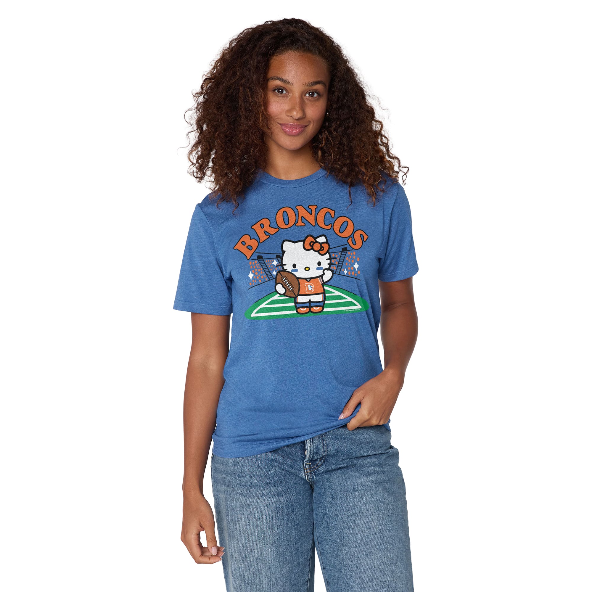 T-shirt unisexe bleu hommage Denver Broncos x Hello Kitty en mélange de trois matières