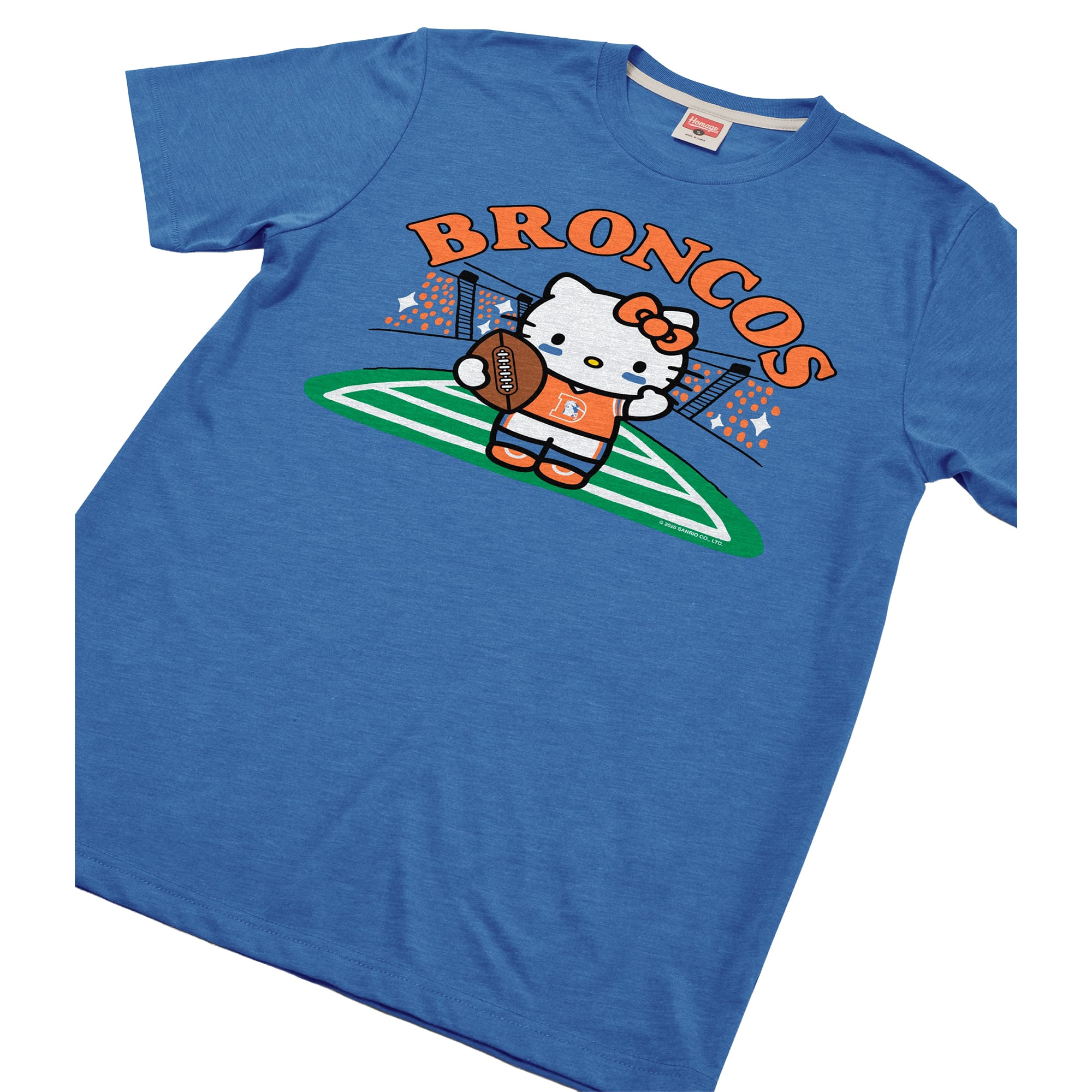 T-shirt unisexe bleu hommage Denver Broncos x Hello Kitty en mélange de trois matières