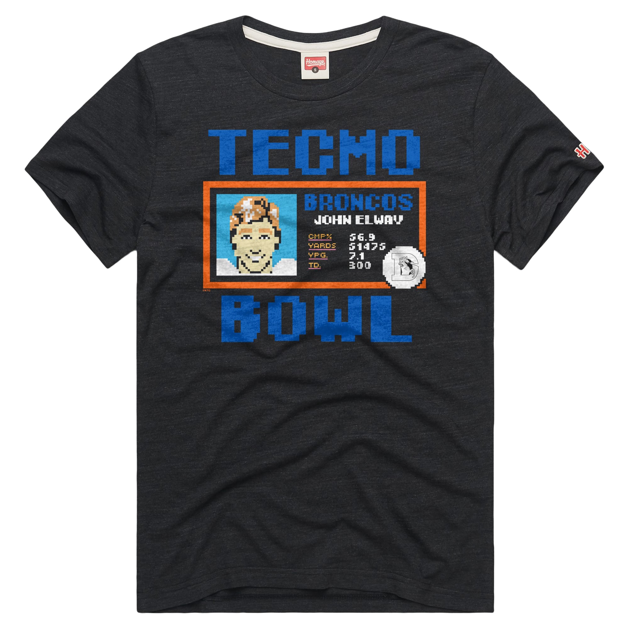 T-shirt unisexe hommage John Elway Royal Denver Broncos Tecmo Bowl joueur retraité graphique tri-blend