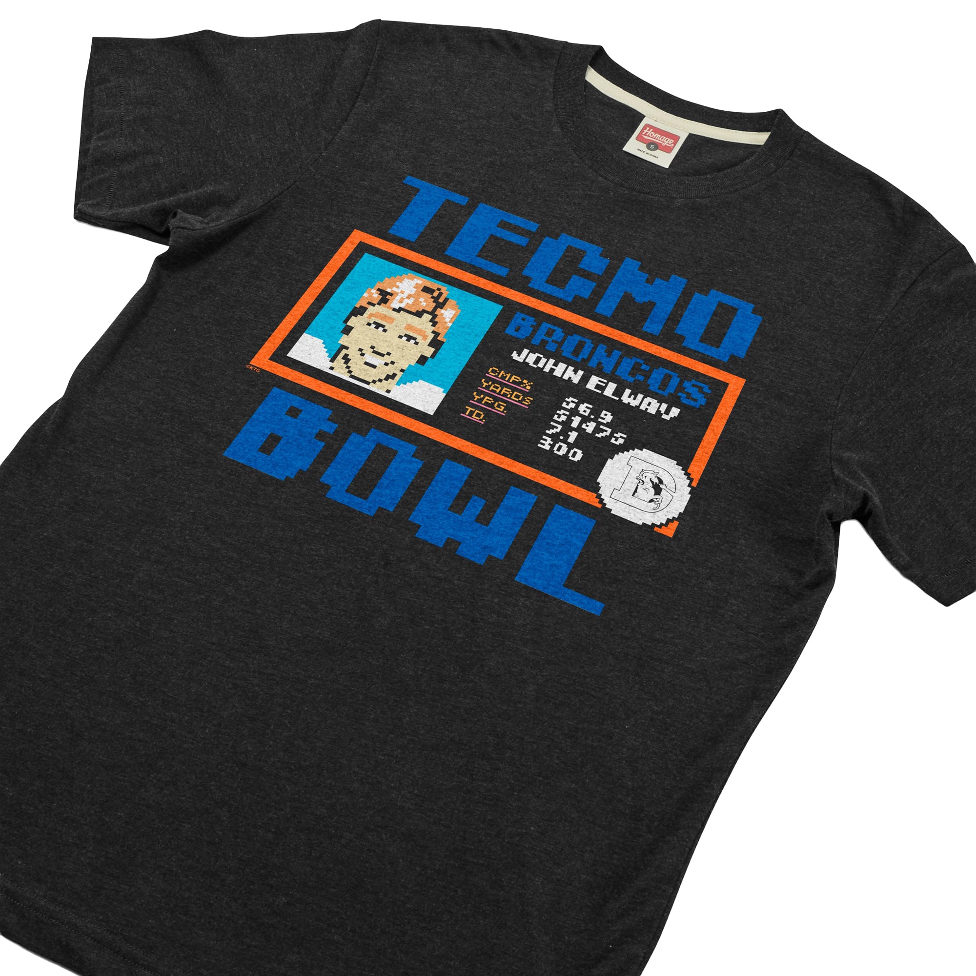 T-shirt unisexe hommage John Elway Royal Denver Broncos Tecmo Bowl joueur retraité graphique tri-blend