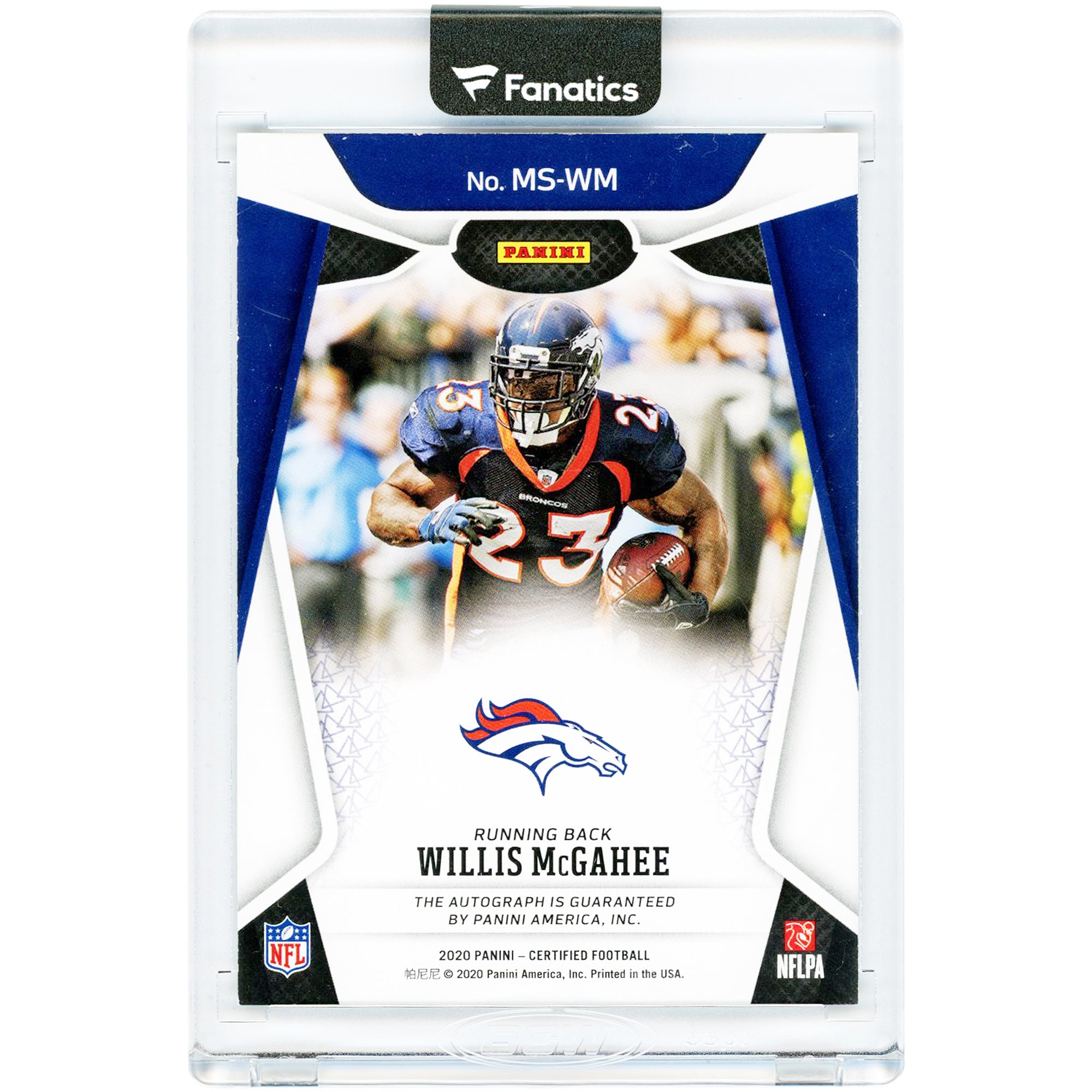 Carte autographiée de Willis McGahee (Denver Broncos), Panini Certified Mirror Signatures 2020, n° MS-WM, n° 18/199