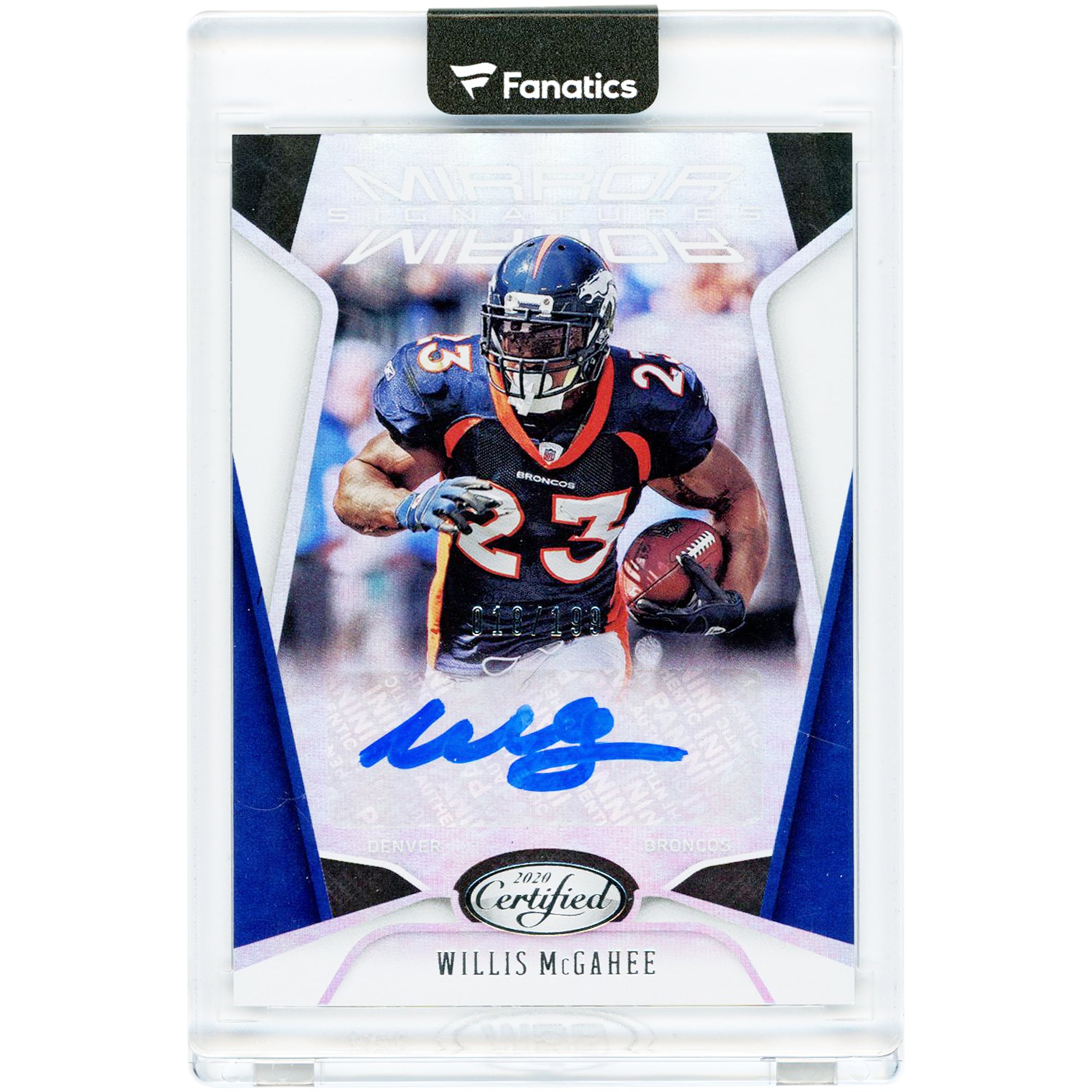 Carte autographiée de Willis McGahee (Denver Broncos), Panini Certified Mirror Signatures 2020, n° MS-WM, n° 18/199