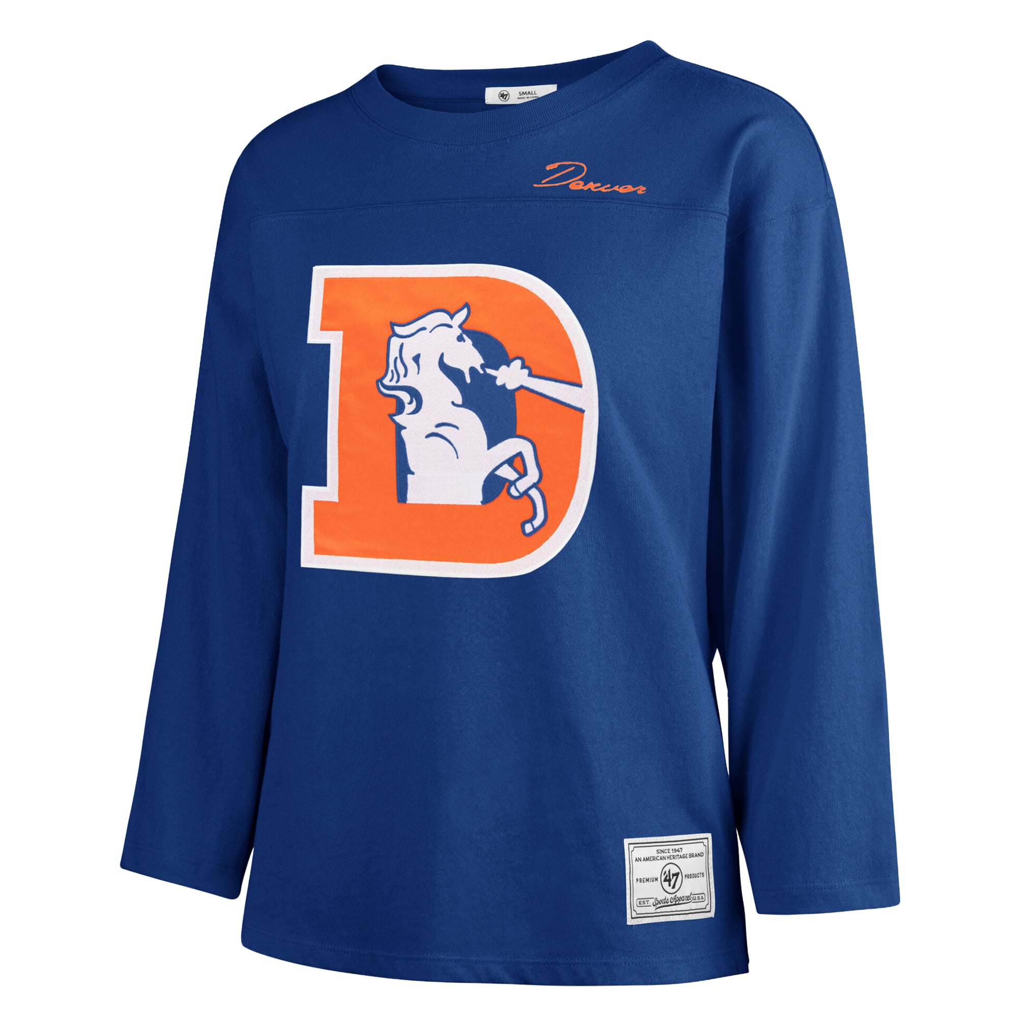 T-shirt à manches longues intemporel « Royal Denver Broncos Game Nod » pour femmes, numéro 47