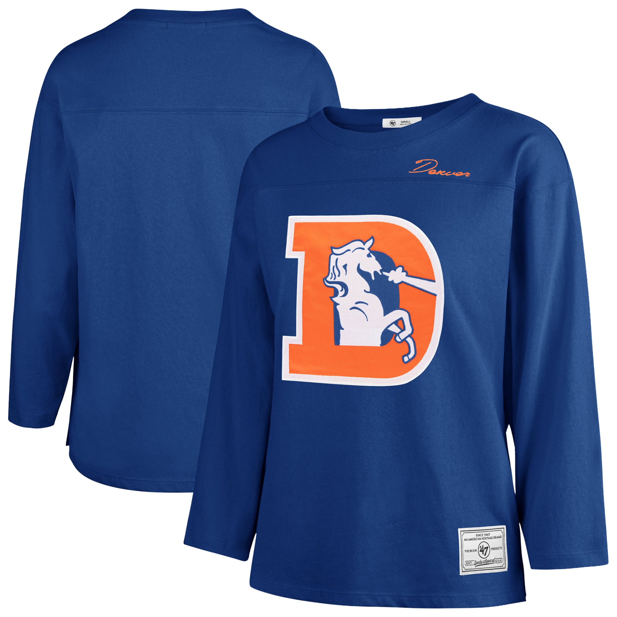 T-shirt à manches longues intemporel « Royal Denver Broncos Game Nod » pour femmes, numéro 47