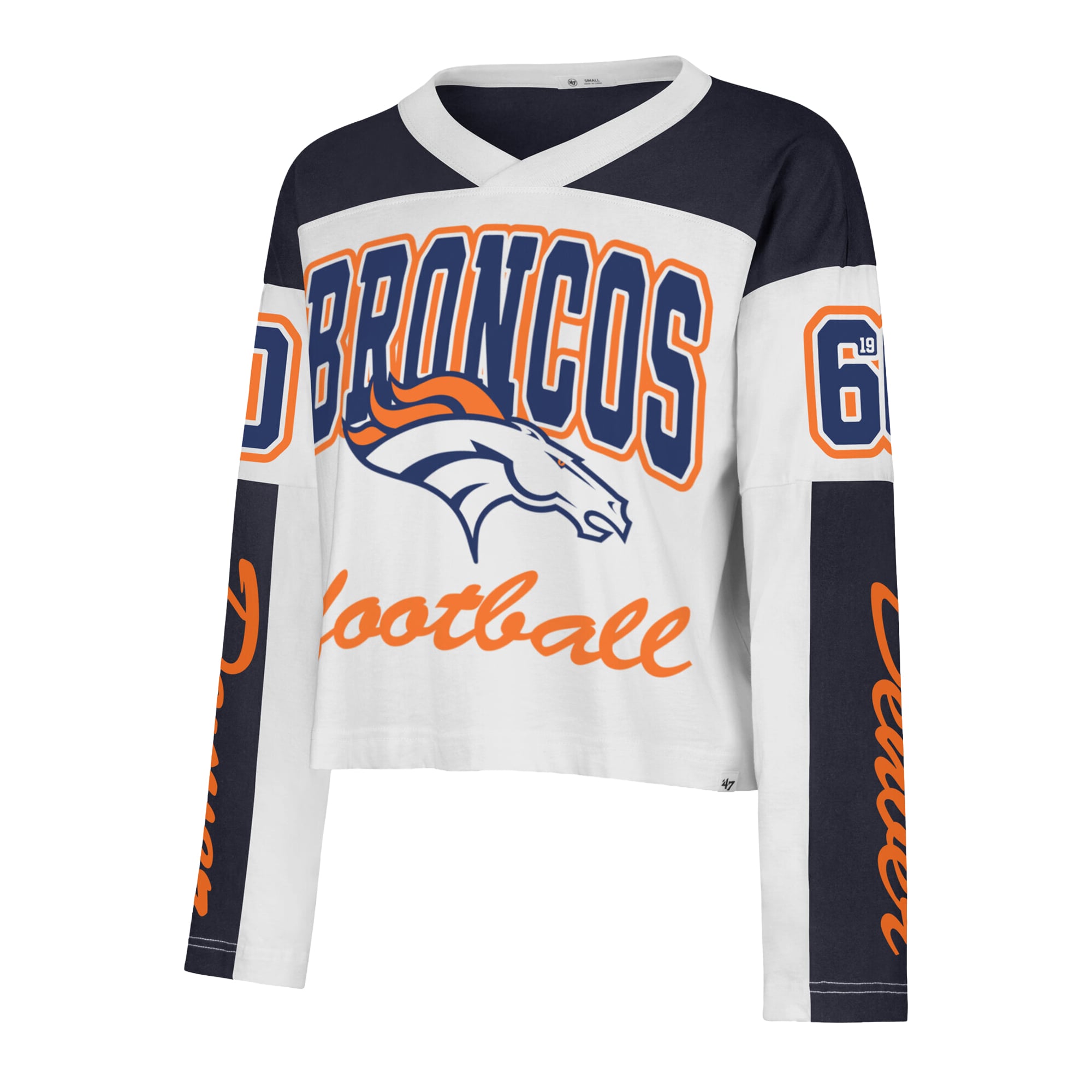 T-shirt à manches longues et col en V blanc Denver Broncos '47 pour femme