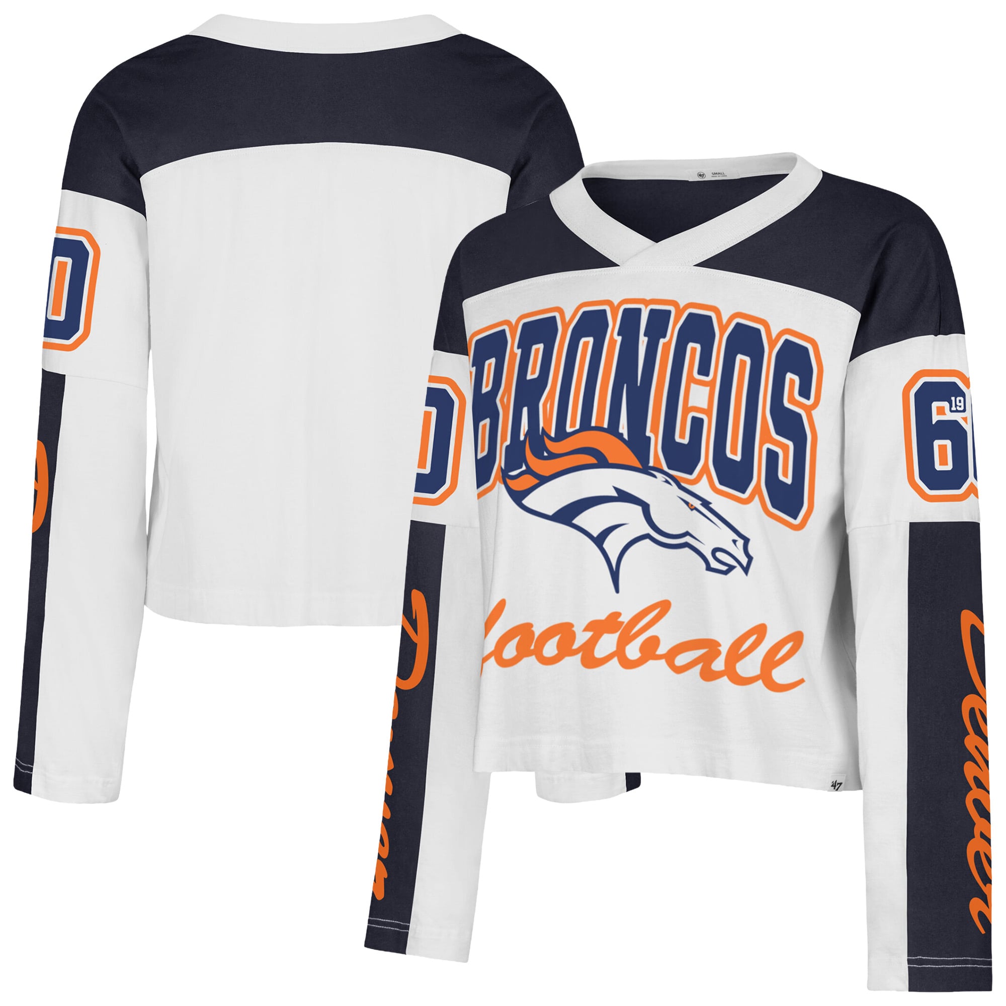 T-shirt à manches longues et col en V blanc Denver Broncos '47 pour femme