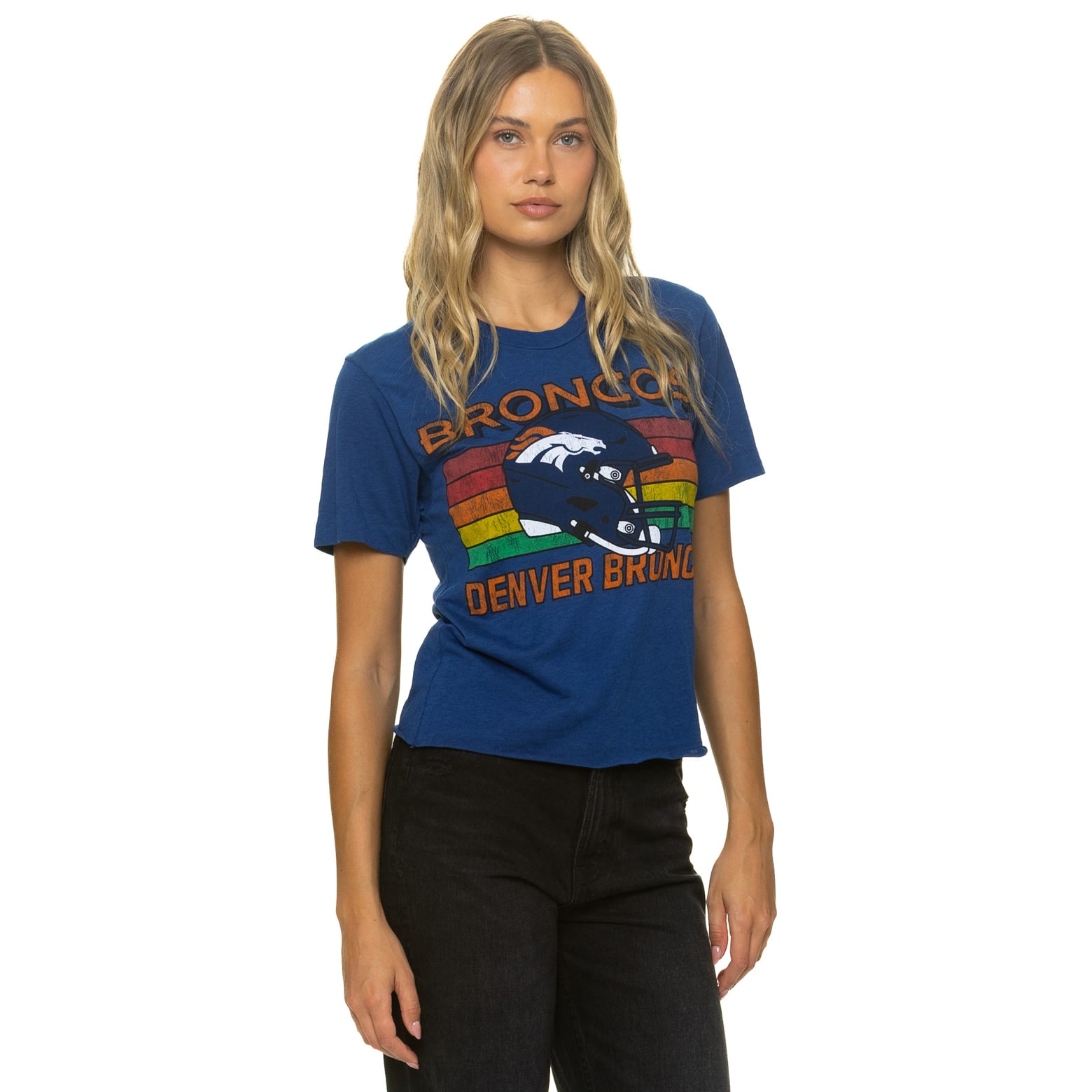 T-shirt Aviator Nation pour femme, bleu marine, Denver Broncos, coupe carrée, mélange de trois matières