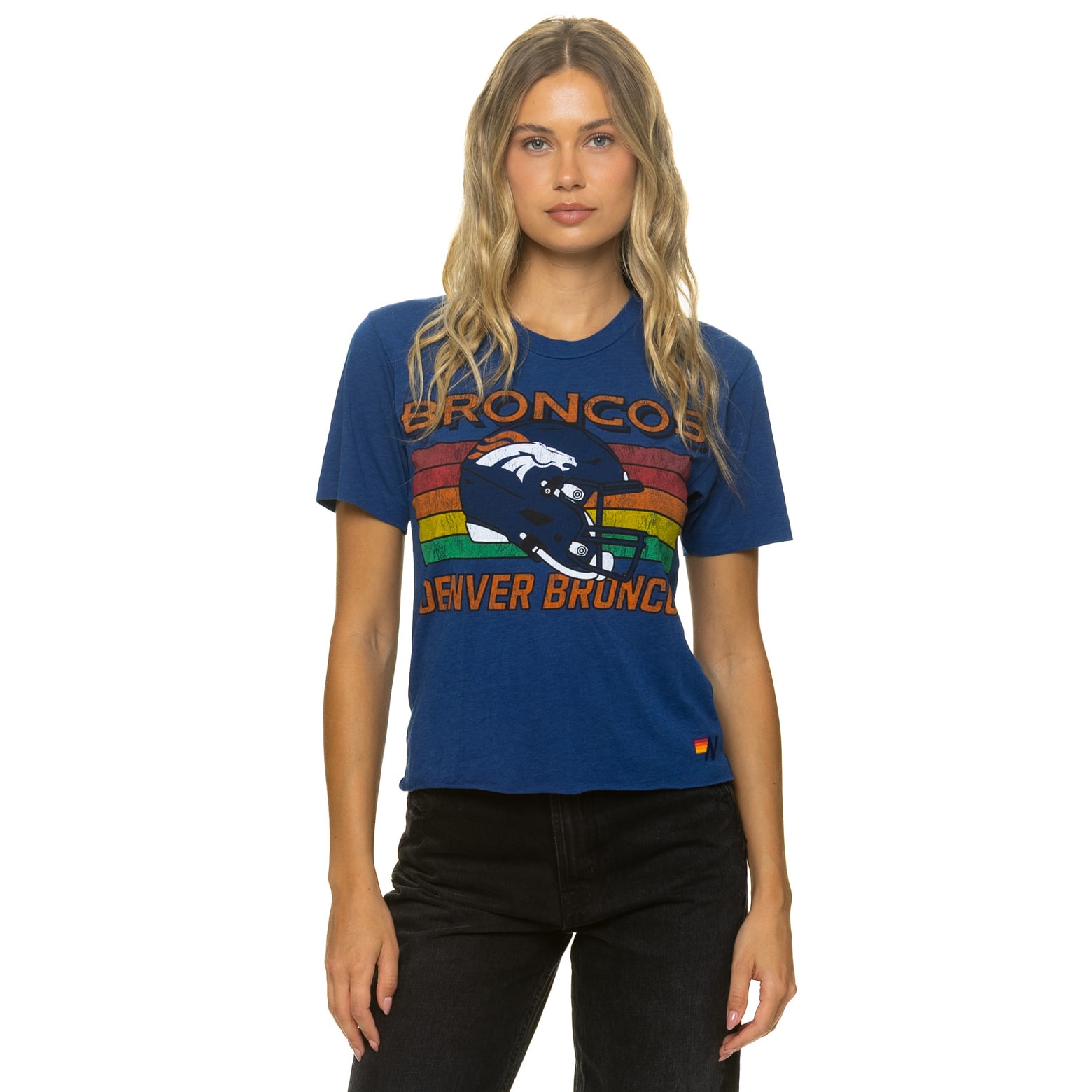 T-shirt Aviator Nation pour femme, bleu marine, Denver Broncos, coupe carrée, mélange de trois matières