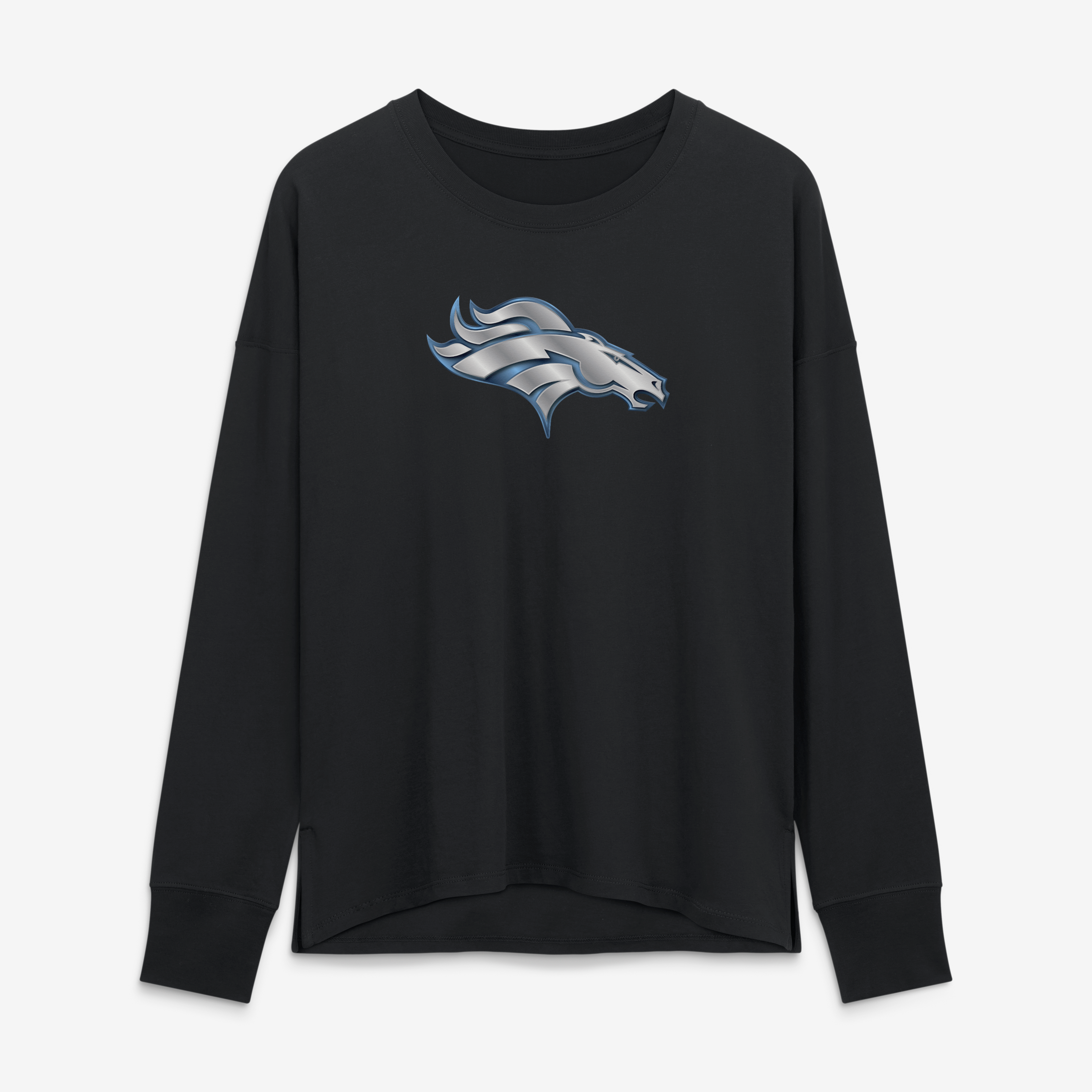 T-shirt à manches longues noir pour femmes avec mascotte métallique des Denver Broncos