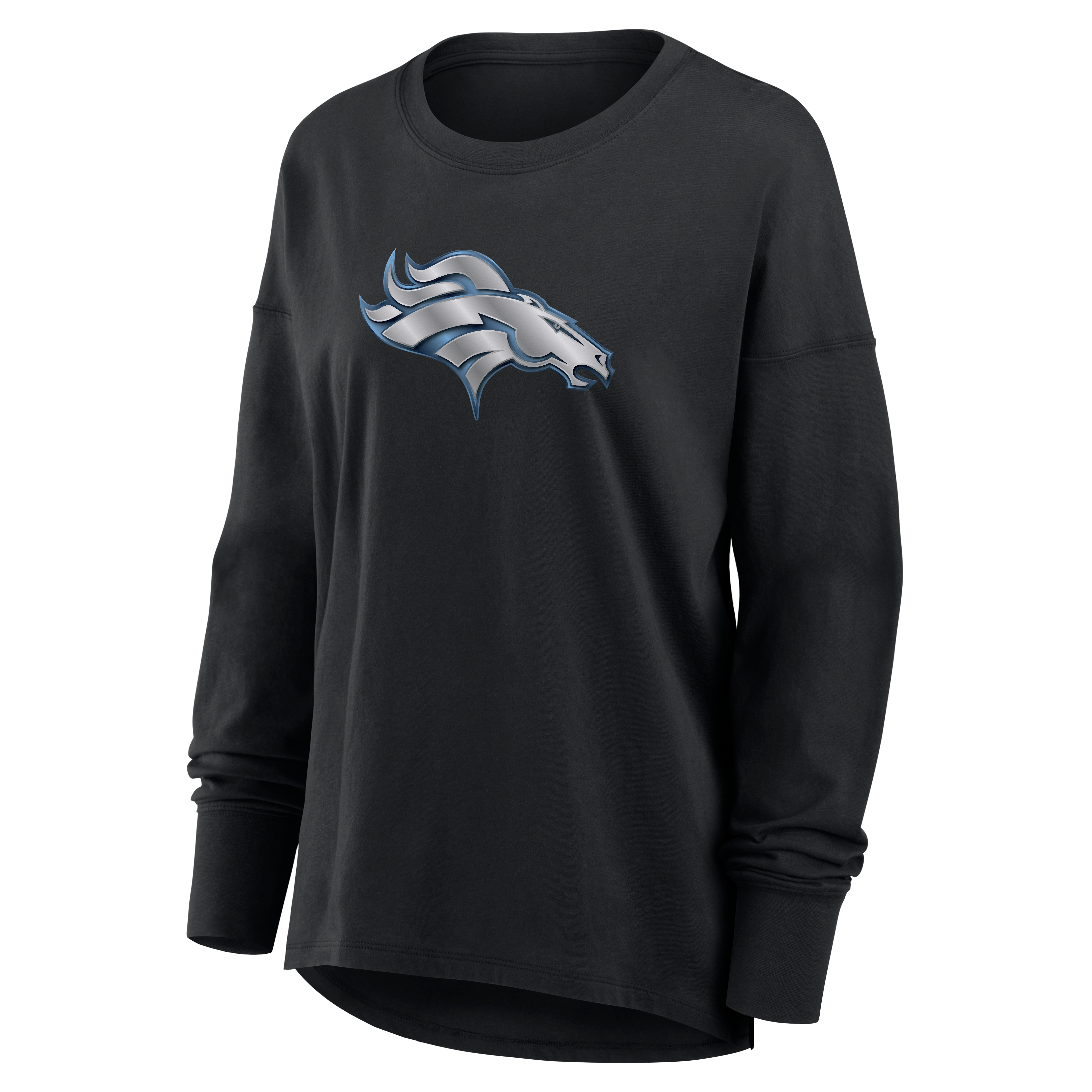 T-shirt à manches longues noir pour femmes avec mascotte métallique des Denver Broncos