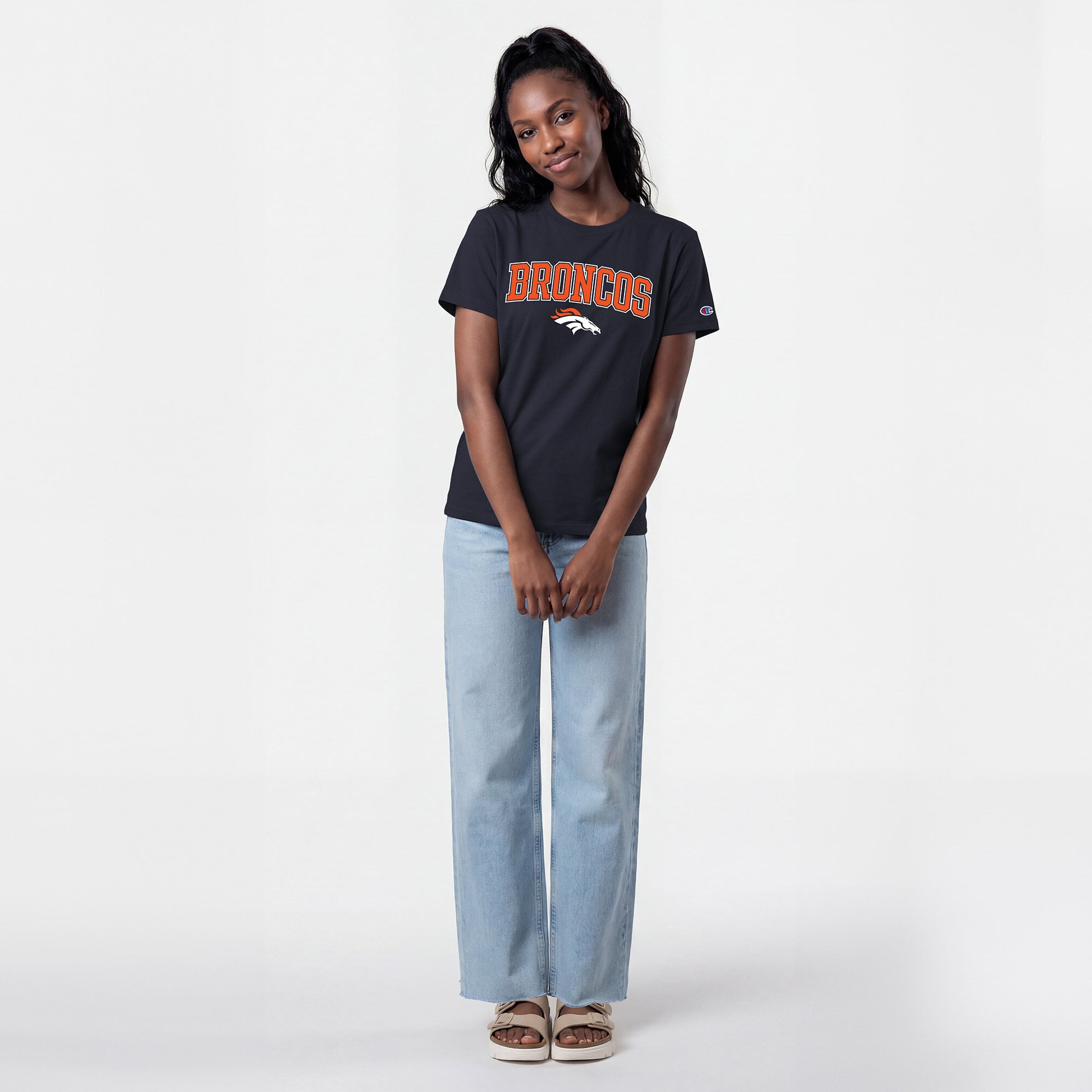 Women's Champion Athletic Navy Denver Broncos Arched Over Logo T-Shirt