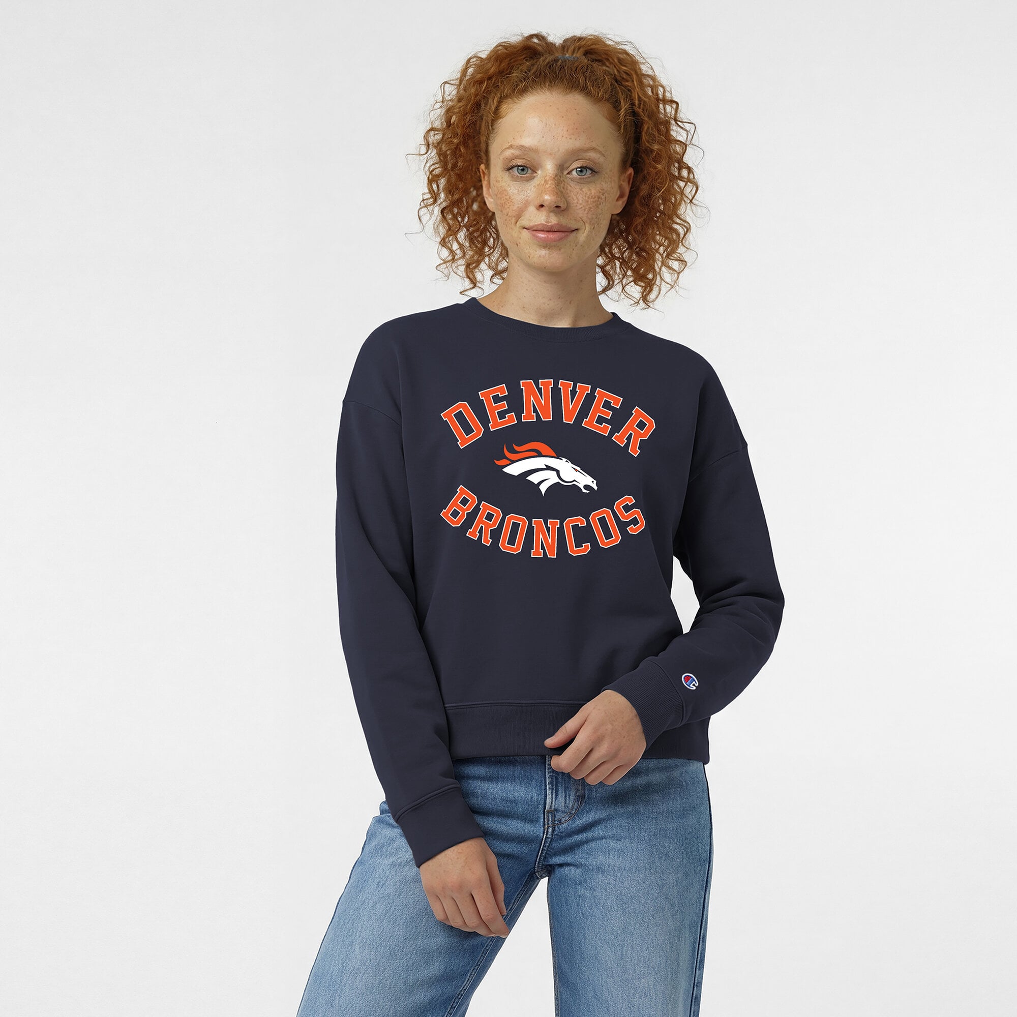 Women's Champion Navy Denver Broncos Heart & Soul Powerblend Sweatshirt