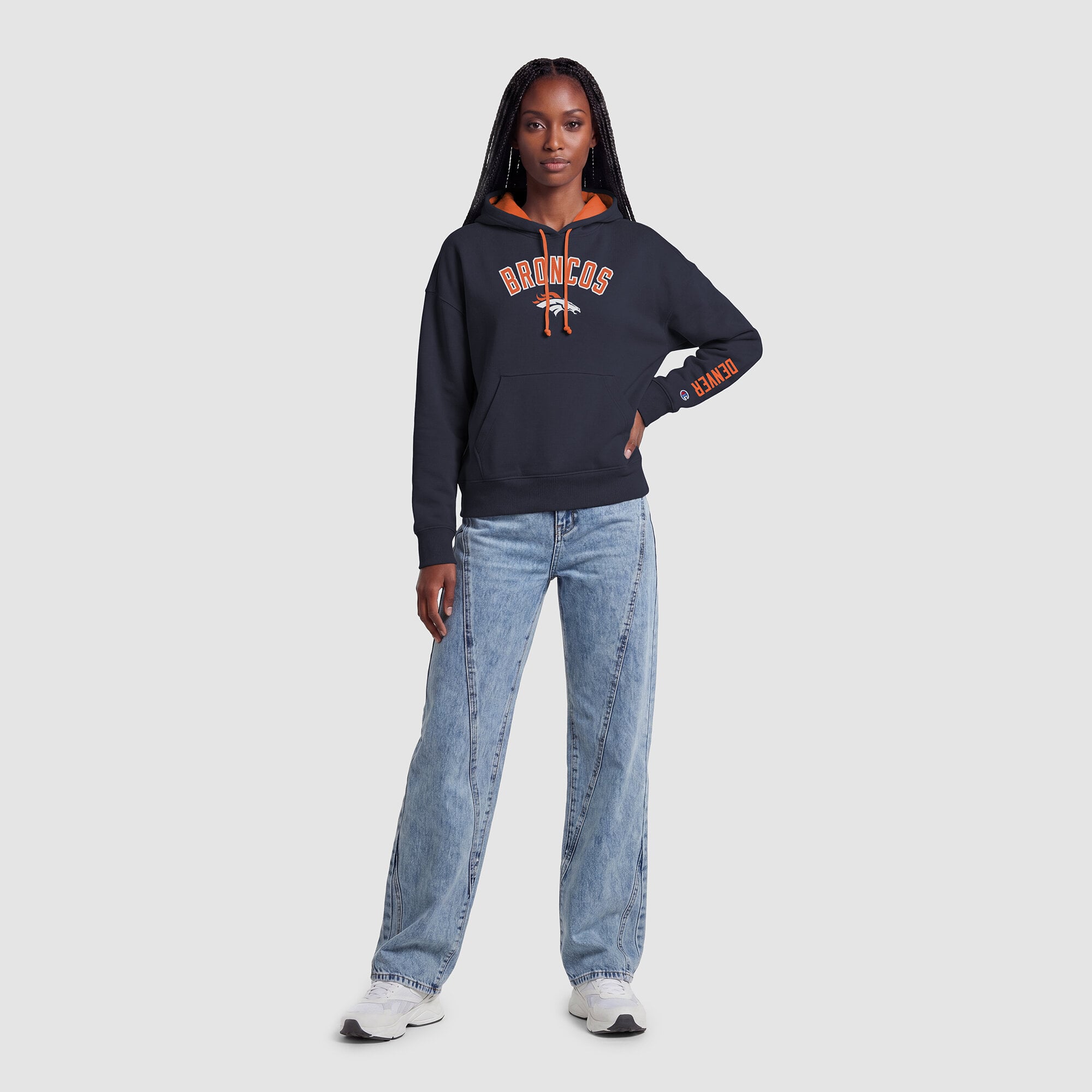 Sweat à capuche Champion pour femme, bleu marine et orange, Denver Broncos, doublure contrastée