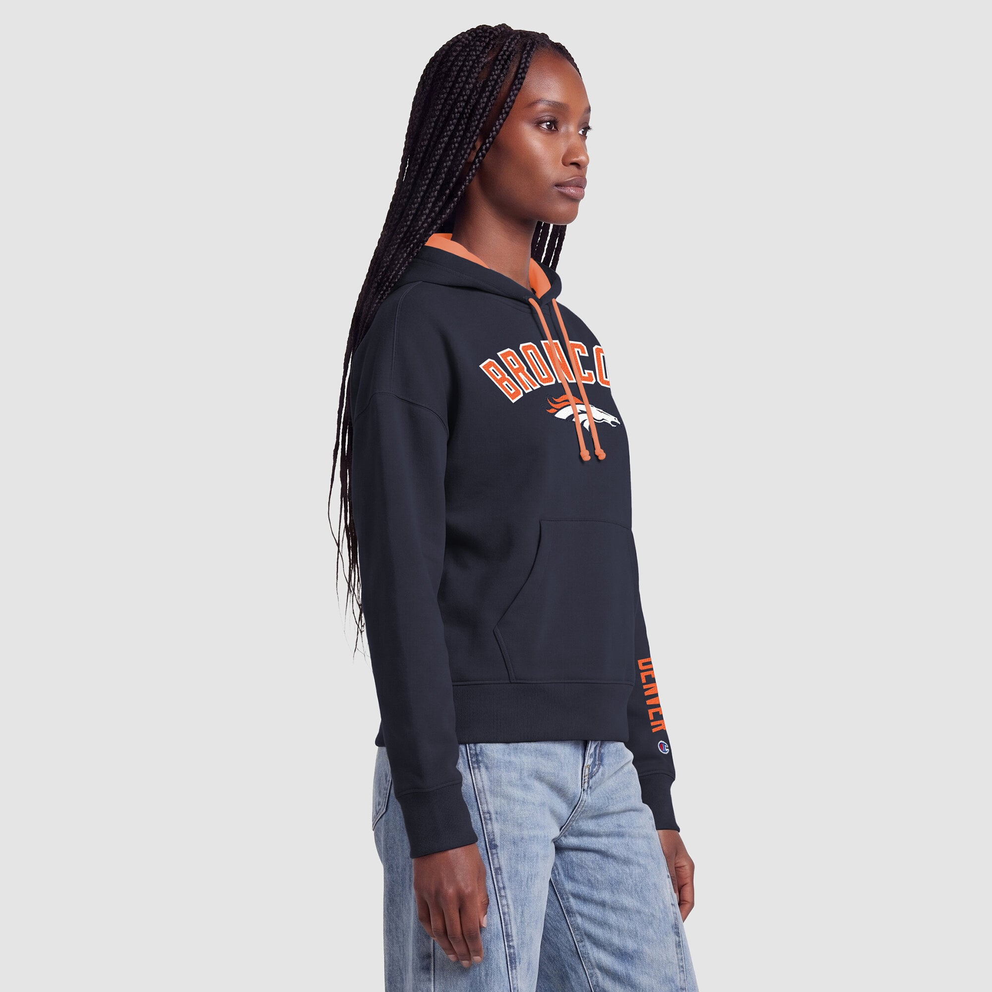 Sweat à capuche Champion pour femme, bleu marine et orange, Denver Broncos, doublure contrastée