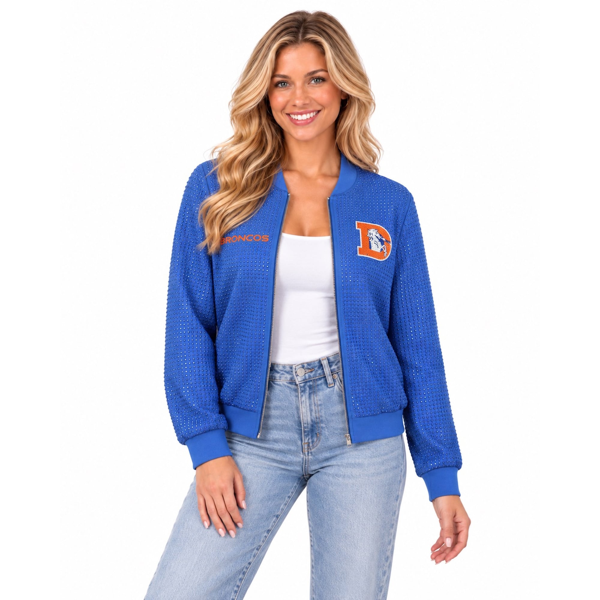 Veste bomber zippée intégrale FABGATING by Cuce Royal Denver Broncos Crystal pour femme