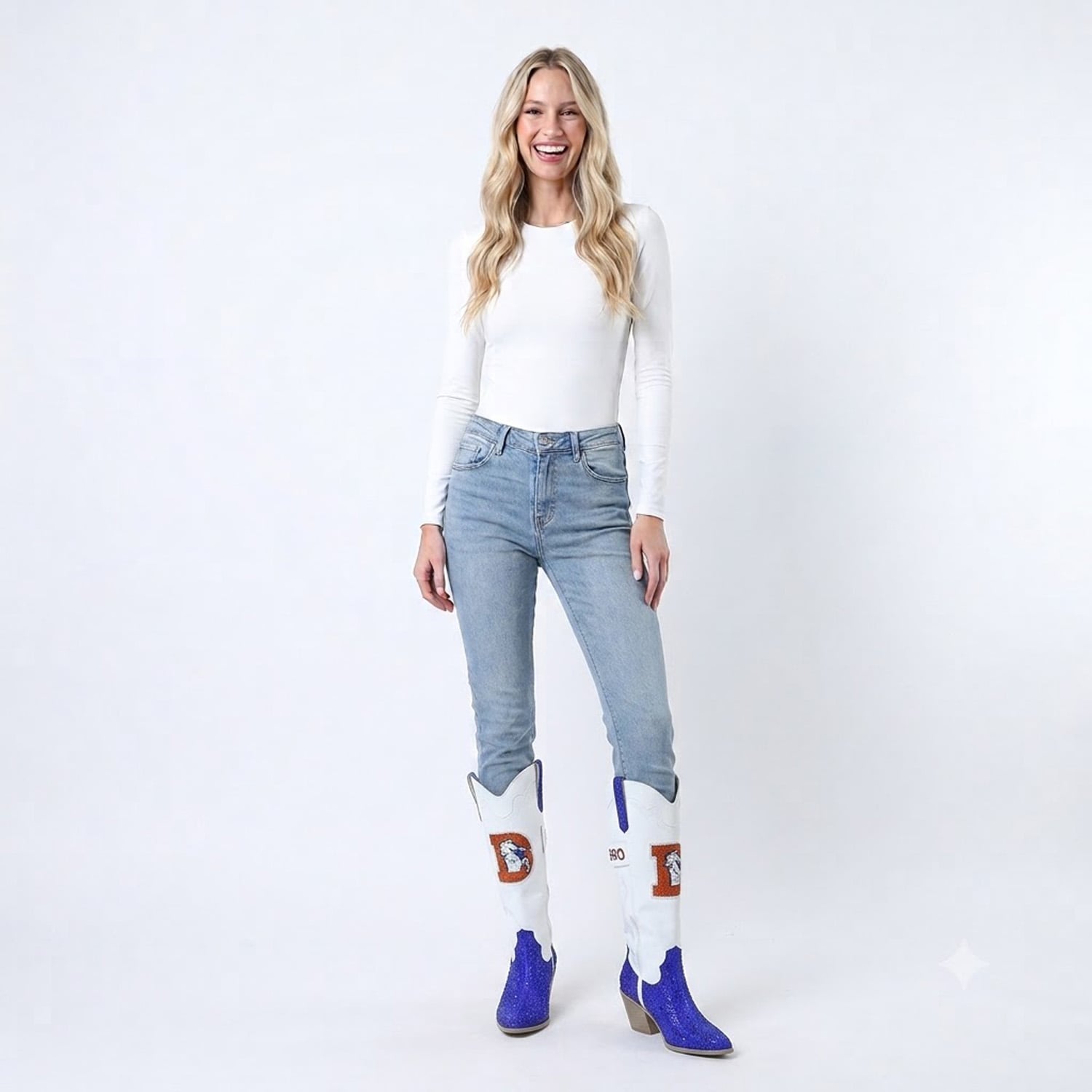Women's FABGATING by Cuce  White Denver Broncos Crystal Cowboy Boots