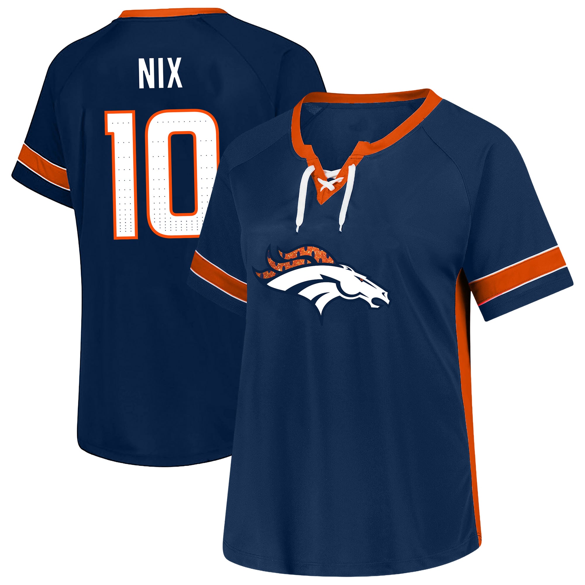 T-shirt Fanatics Bo Nix bleu marine Denver Broncos pour femmes, grande taille, avec dentelle, nom et numéro.