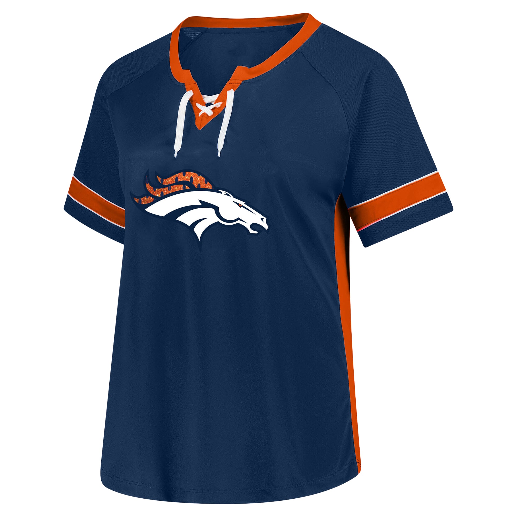 T-shirt Fanatics Bo Nix bleu marine Denver Broncos pour femmes, grande taille, avec dentelle, nom et numéro.