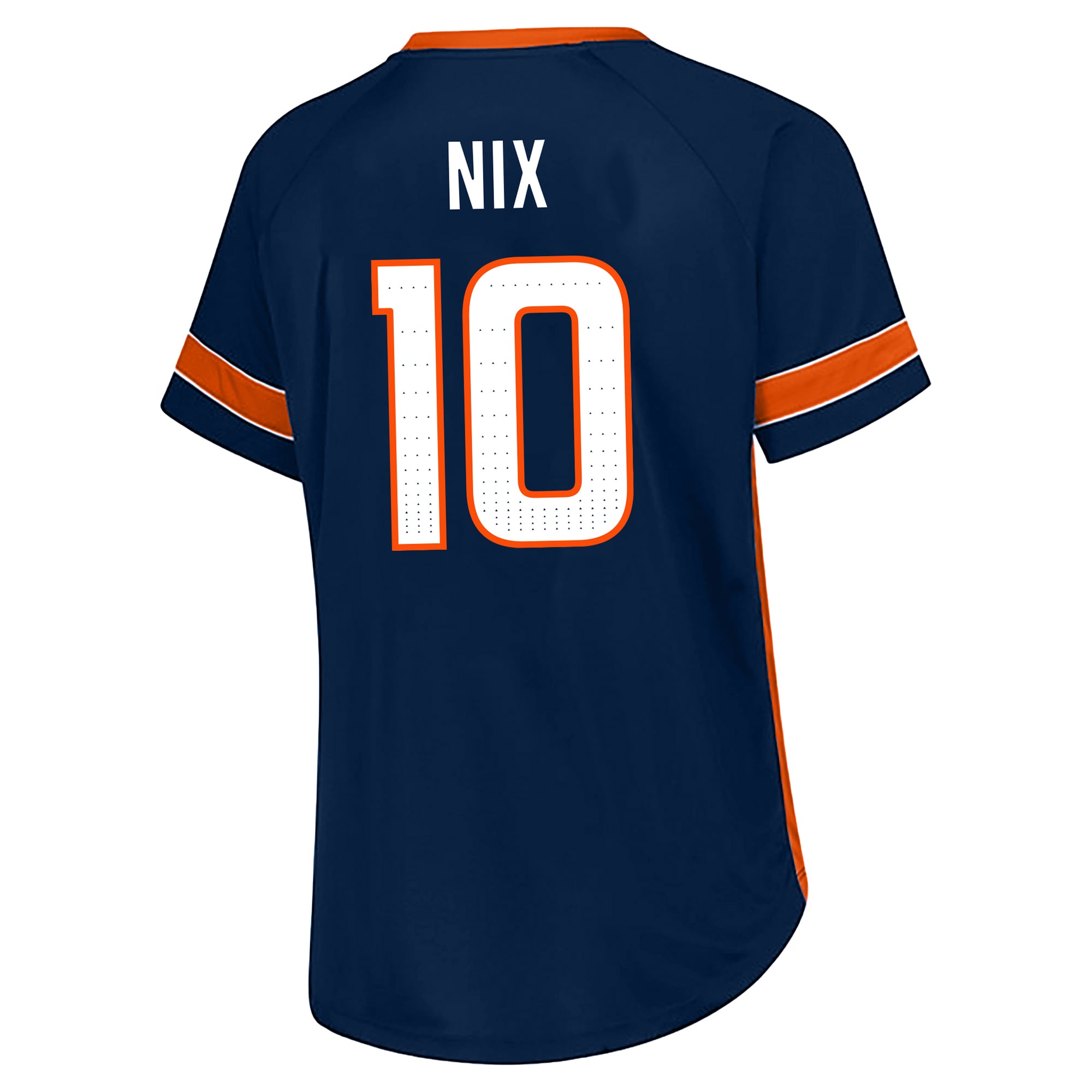 T-shirt Fanatics Bo Nix bleu marine Denver Broncos pour femmes, grande taille, avec dentelle, nom et numéro.