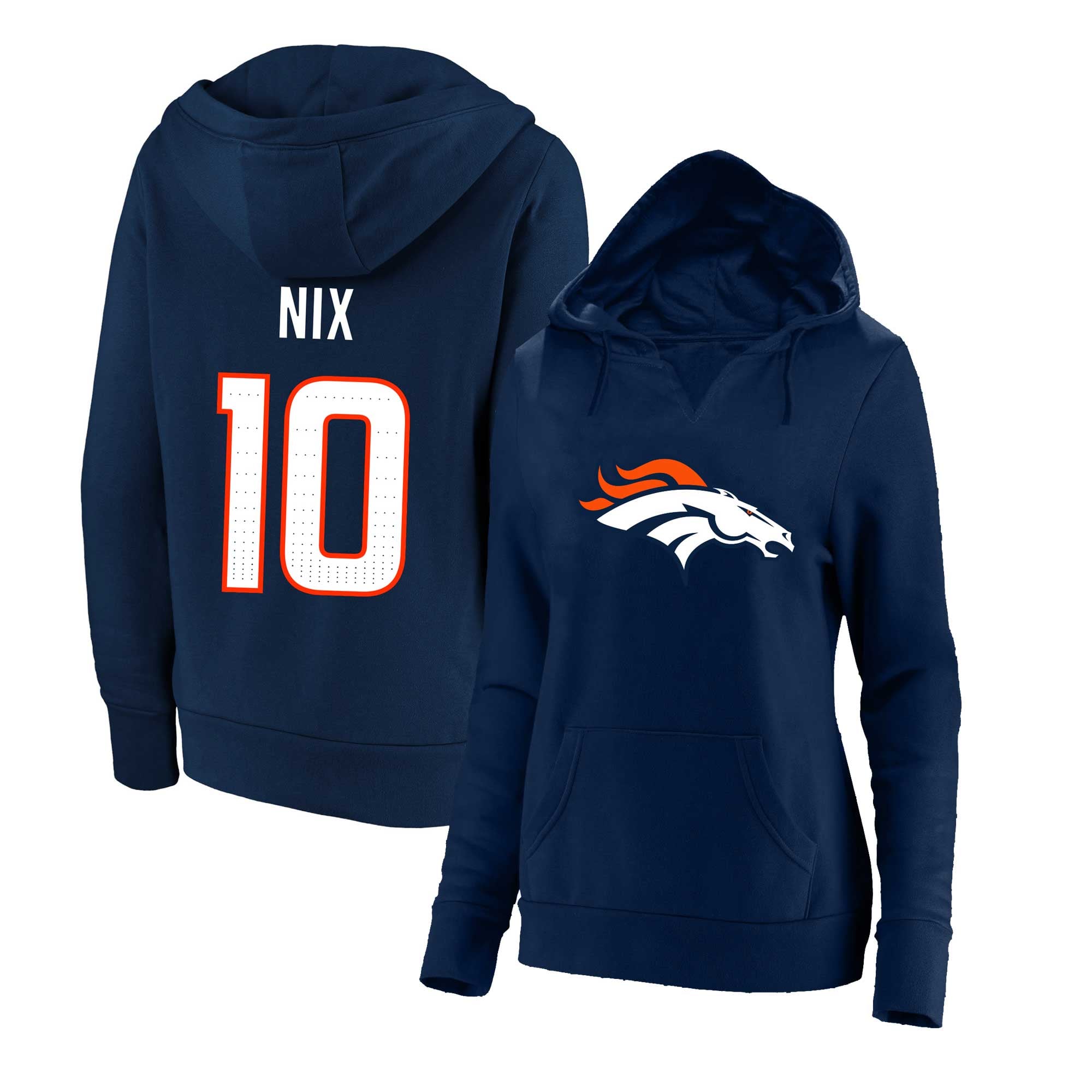 Women's Fanatics Bo Nix Navy Denver Broncos Plus Player Name & Number Notch Neck Hoodie