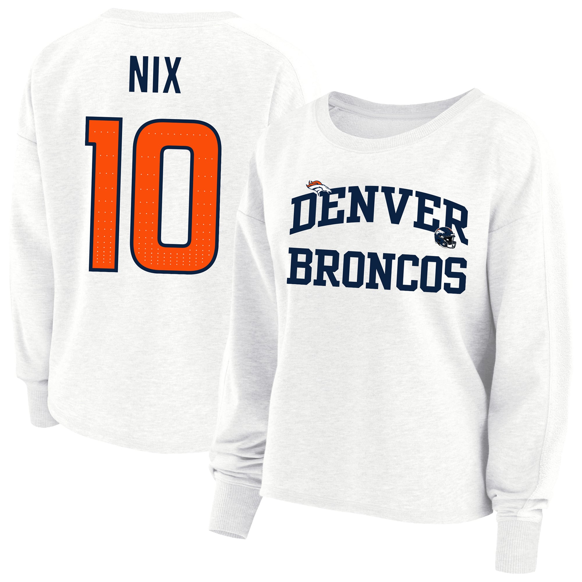 Sweat-shirt oversize grande taille Fanatics Bo Nix blanc Denver Broncos pour femme, avec nom et numéro.