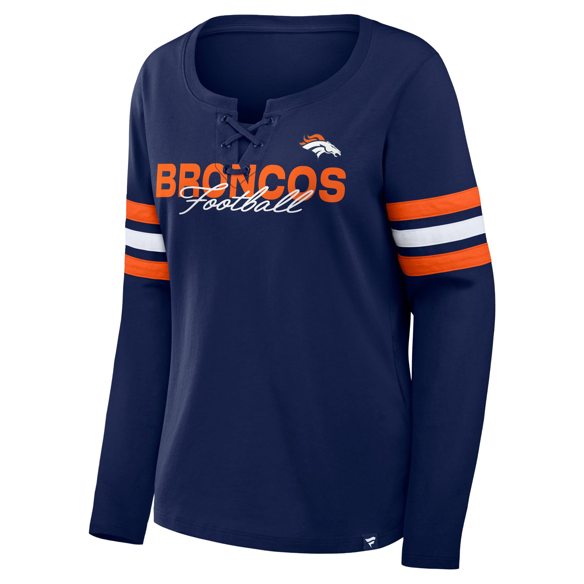 T-shirt à manches longues lacets Fanatics bleu marine/orange Denver Broncos pour femmes, grandes tailles, couvrant et facile porter