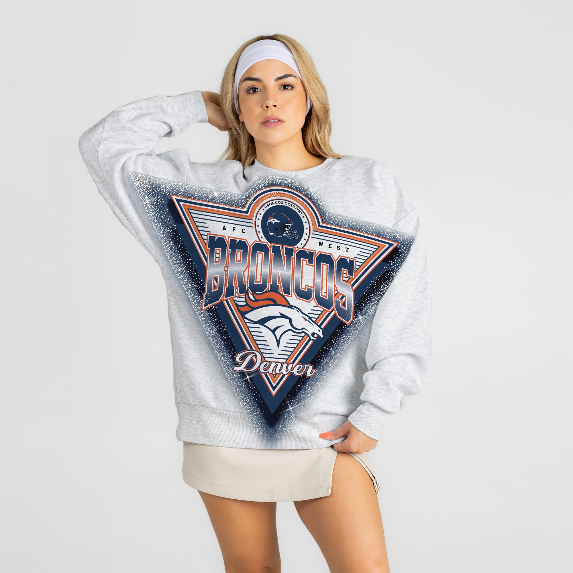 Women's Gameday Couture Ash Denver Broncos Chasing Victory Rhinestone Spray Oversized Fleece Sweatshirt