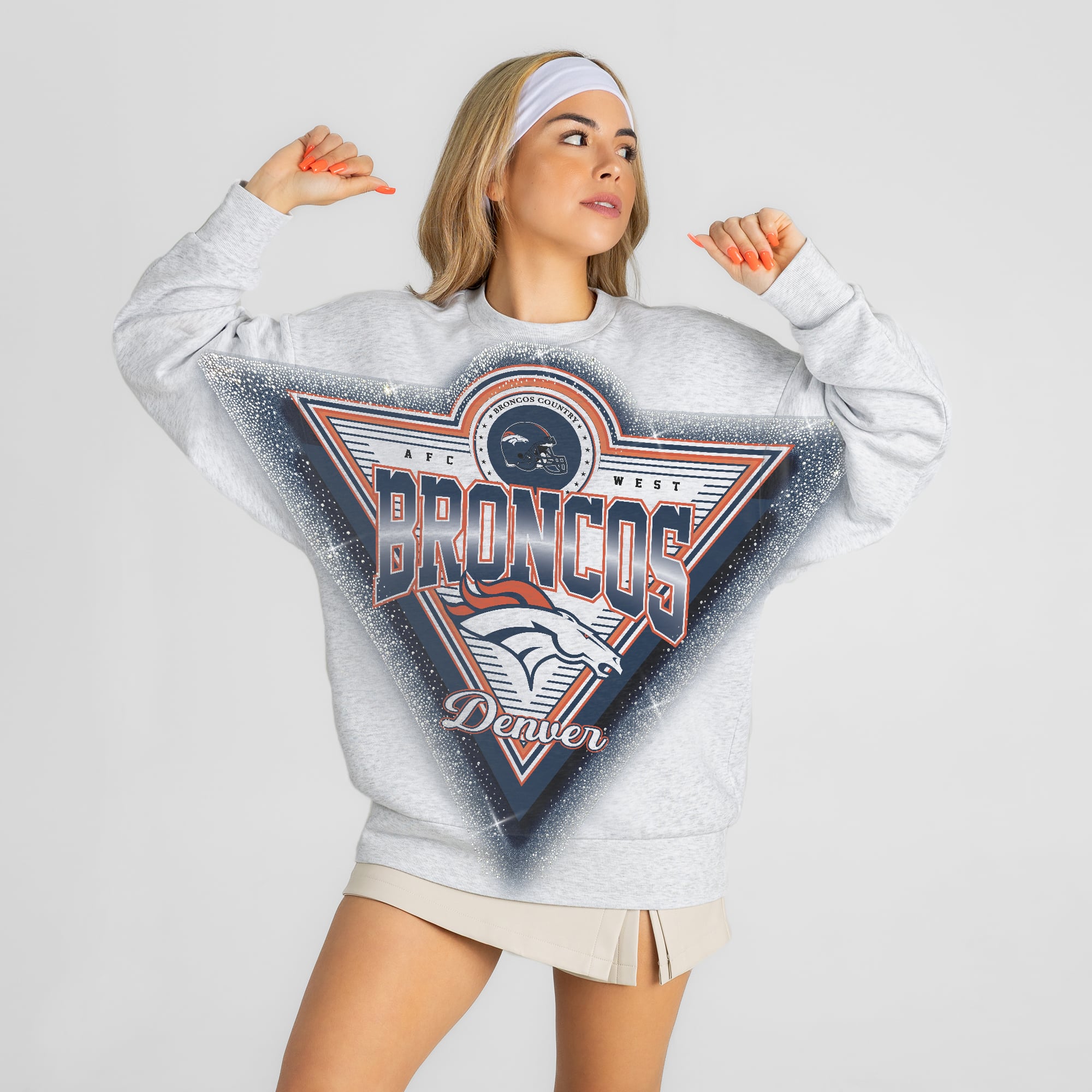 Women's Gameday Couture Ash Denver Broncos Chasing Victory Rhinestone Spray Oversized Fleece Sweatshirt