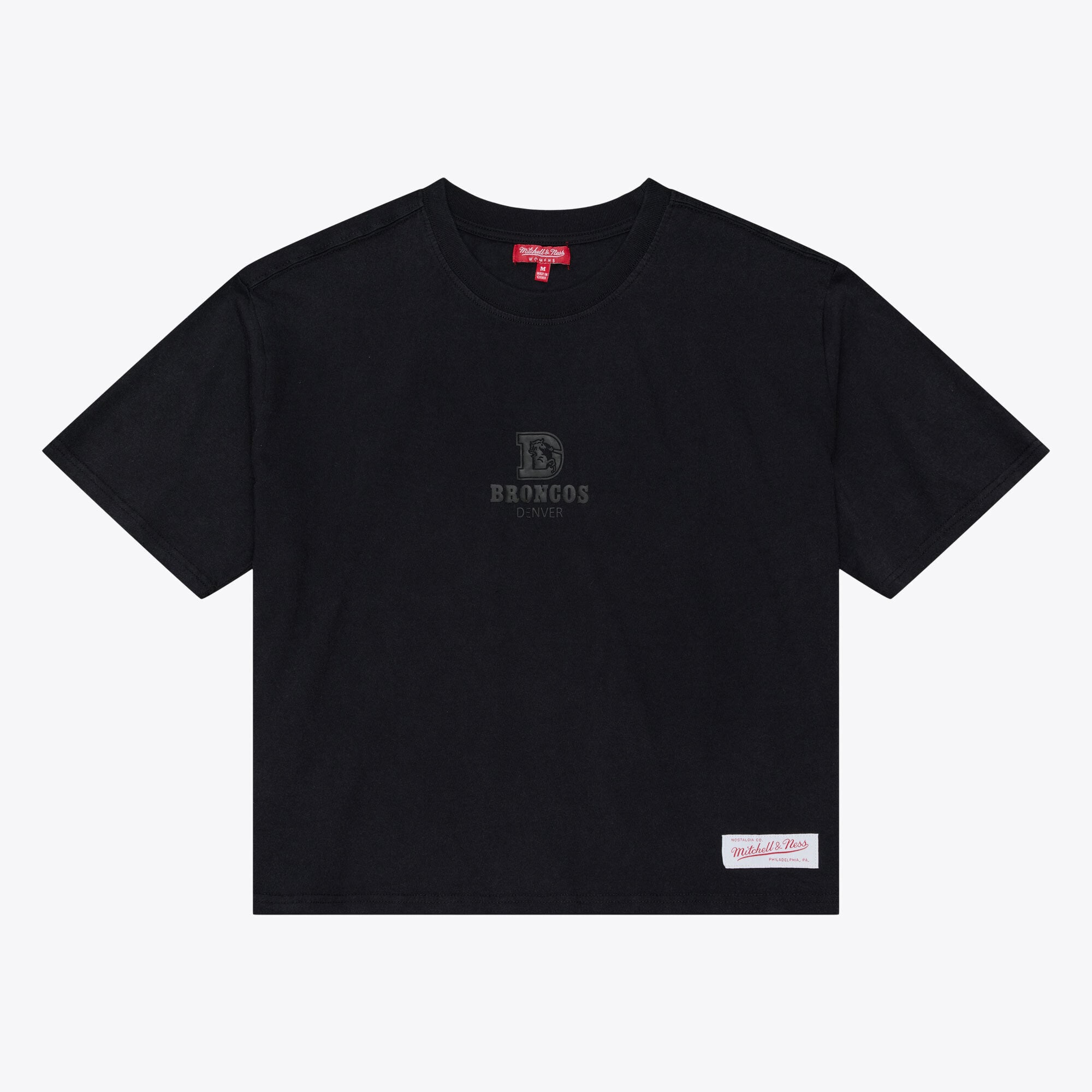 Women's Mitchell & Ness Black Denver Broncos Core Essentials Micro Logo Boxy Crop T-Shirt