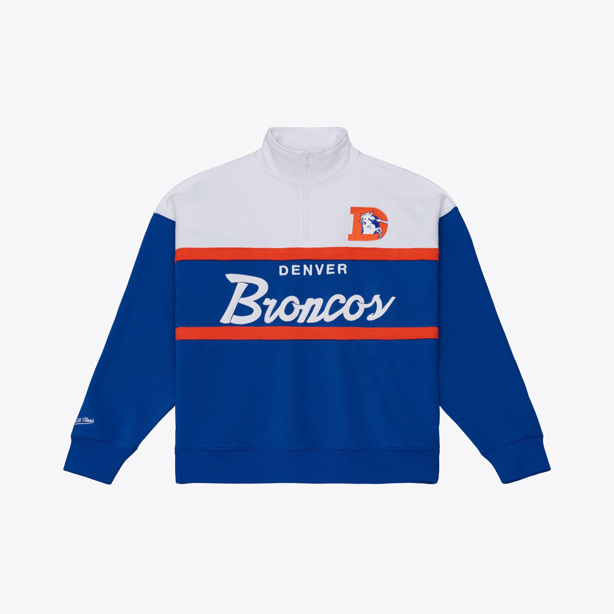 Pull à col zippé Mitchell & Ness bleu Denver Broncos pour femme