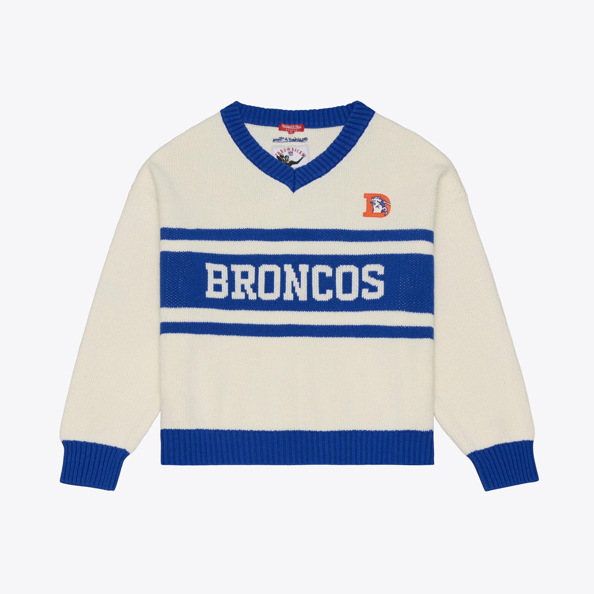 Women's Mitchell & Ness Cream/Royal Denver Broncos Retro Roots V-Neck Sweater