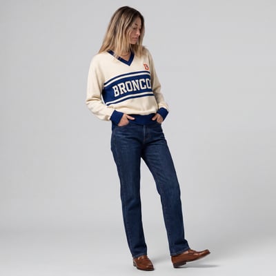 Denver Broncos Mitchell & Ness Women's Retro Roots V-Neck Sweater - Cream/Royal