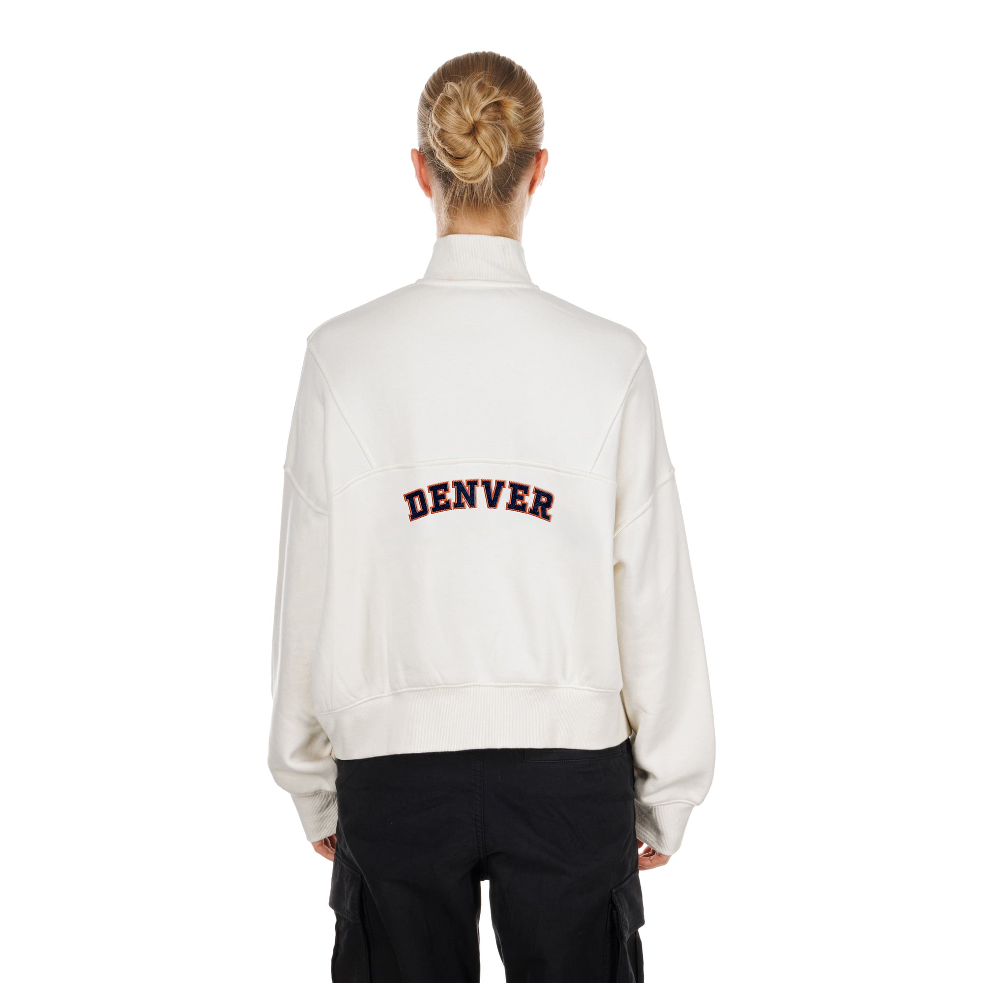 Pull à col zippé New Era crème Denver Broncos pour femme