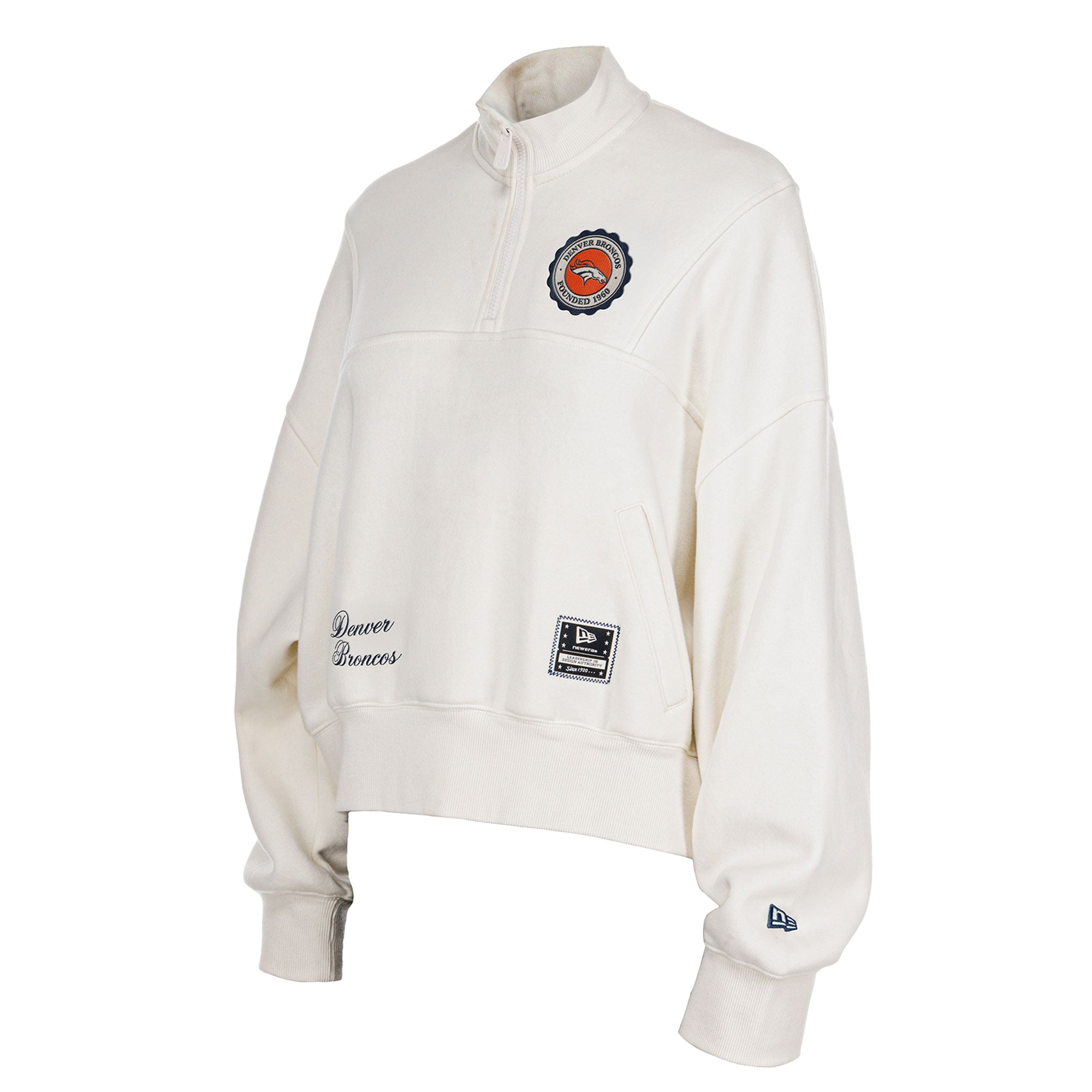 Pull à col zippé New Era crème Denver Broncos pour femme