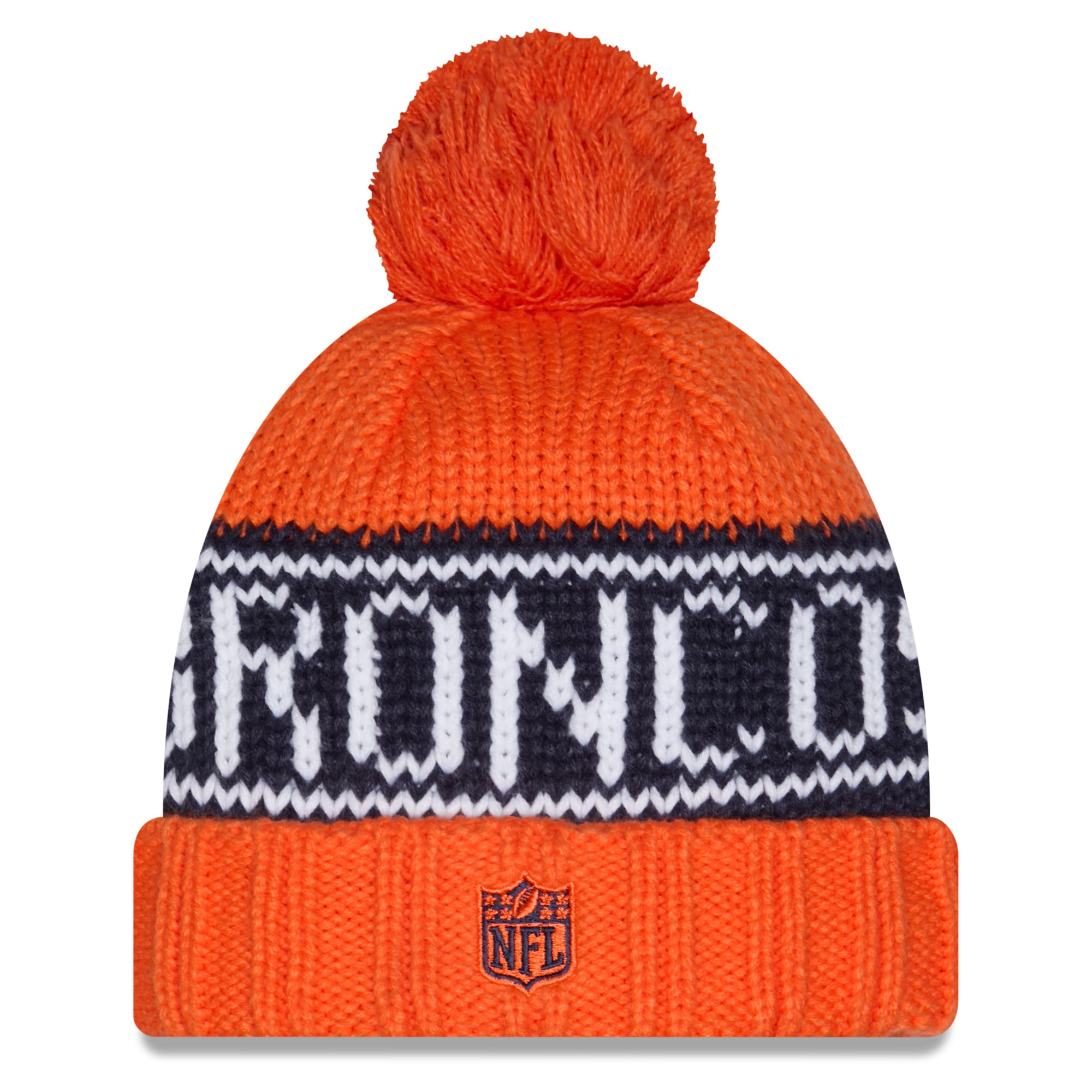 Bonnet New Era orange Denver Broncos 2026 pour femme, en maille à revers avec pompon, idéal pour les temps froids.