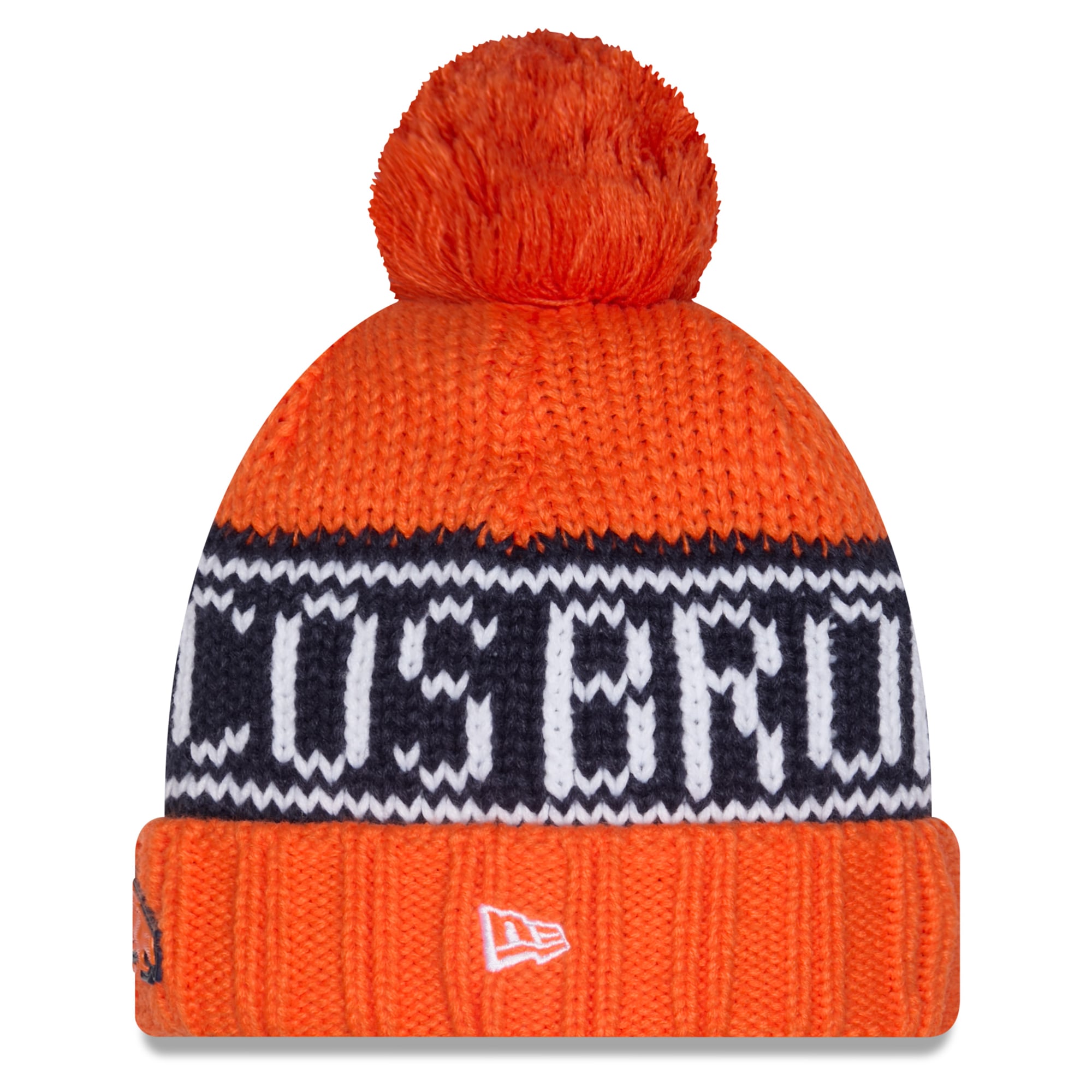 Bonnet New Era orange Denver Broncos 2026 pour femme, en maille à revers avec pompon, idéal pour les temps froids.