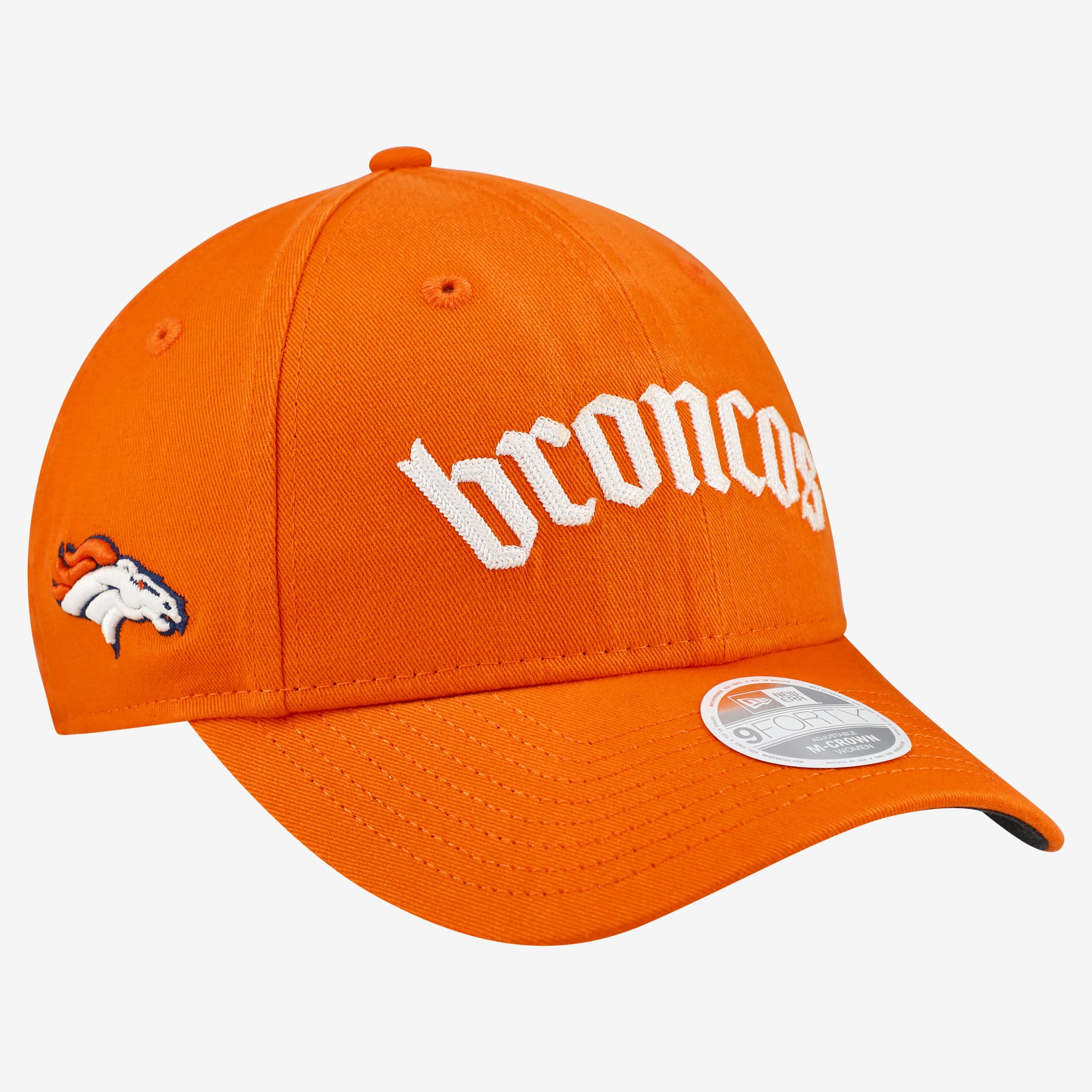 Casquette ajustable New Era pour femme, orange, Denver Broncos, police gothique, modèle 9FORTY M-Crown