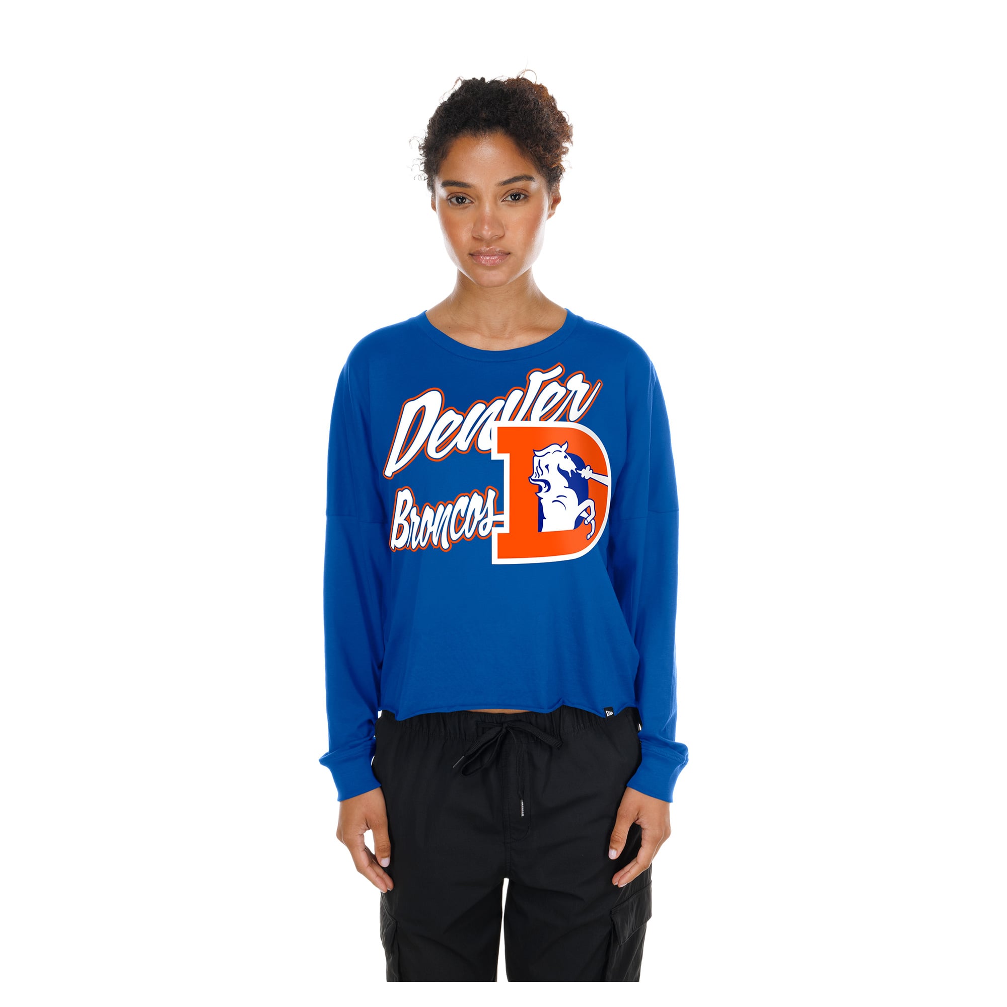 T-shirt à manches longues oversize court New Era Royal Denver Broncos pour femme