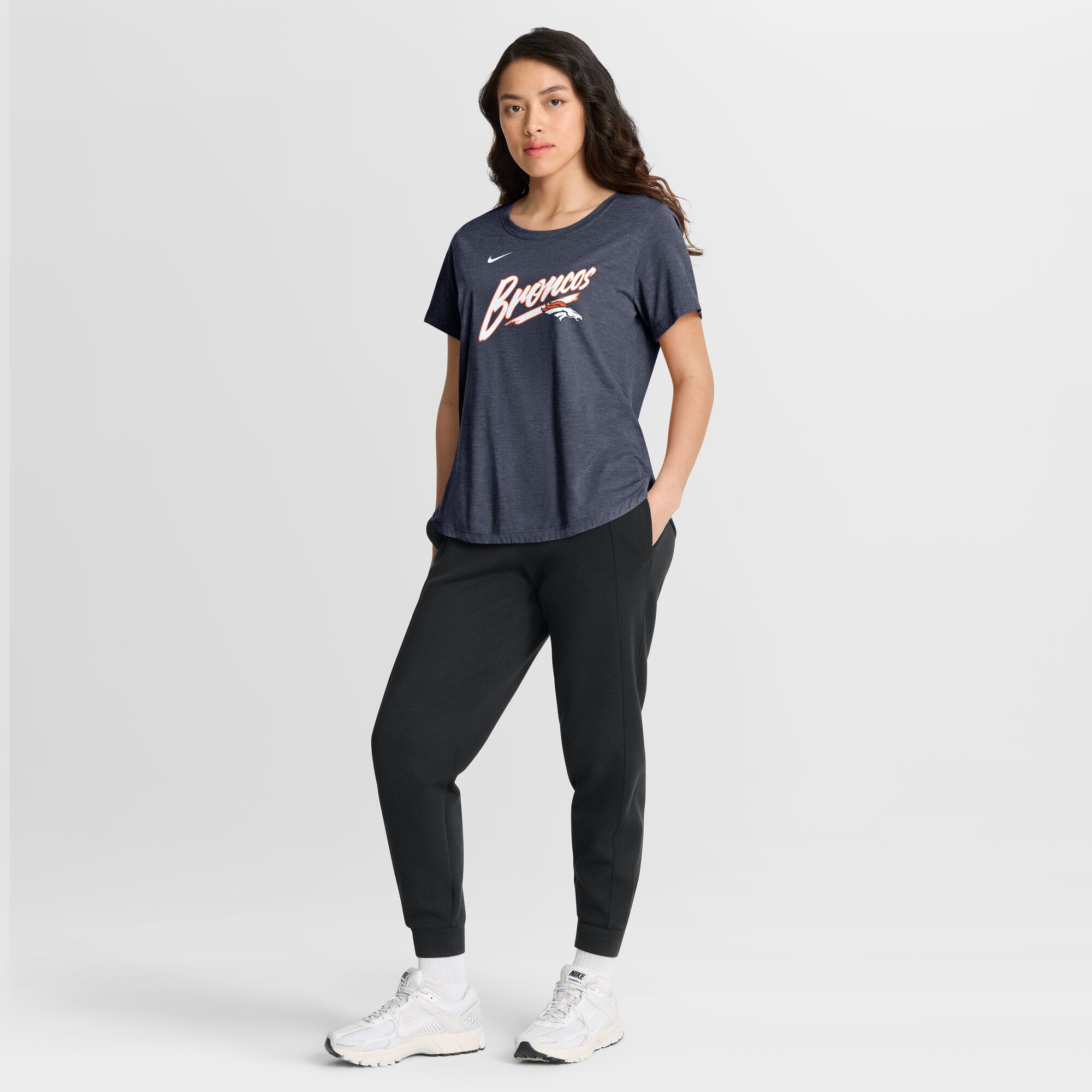 T-shirt Nike Primetime Tri-Blend bleu marine pour femme, Denver Broncos