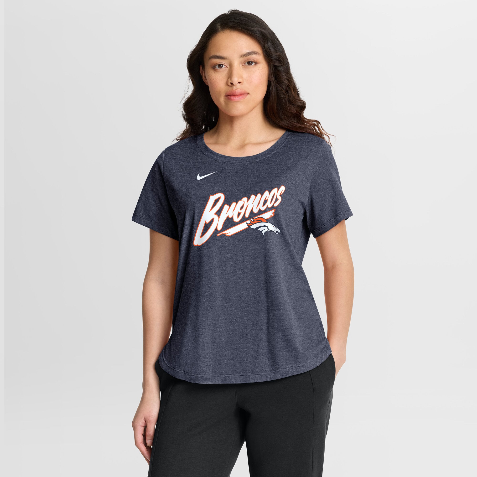 T-shirt Nike Primetime Tri-Blend bleu marine pour femme, Denver Broncos