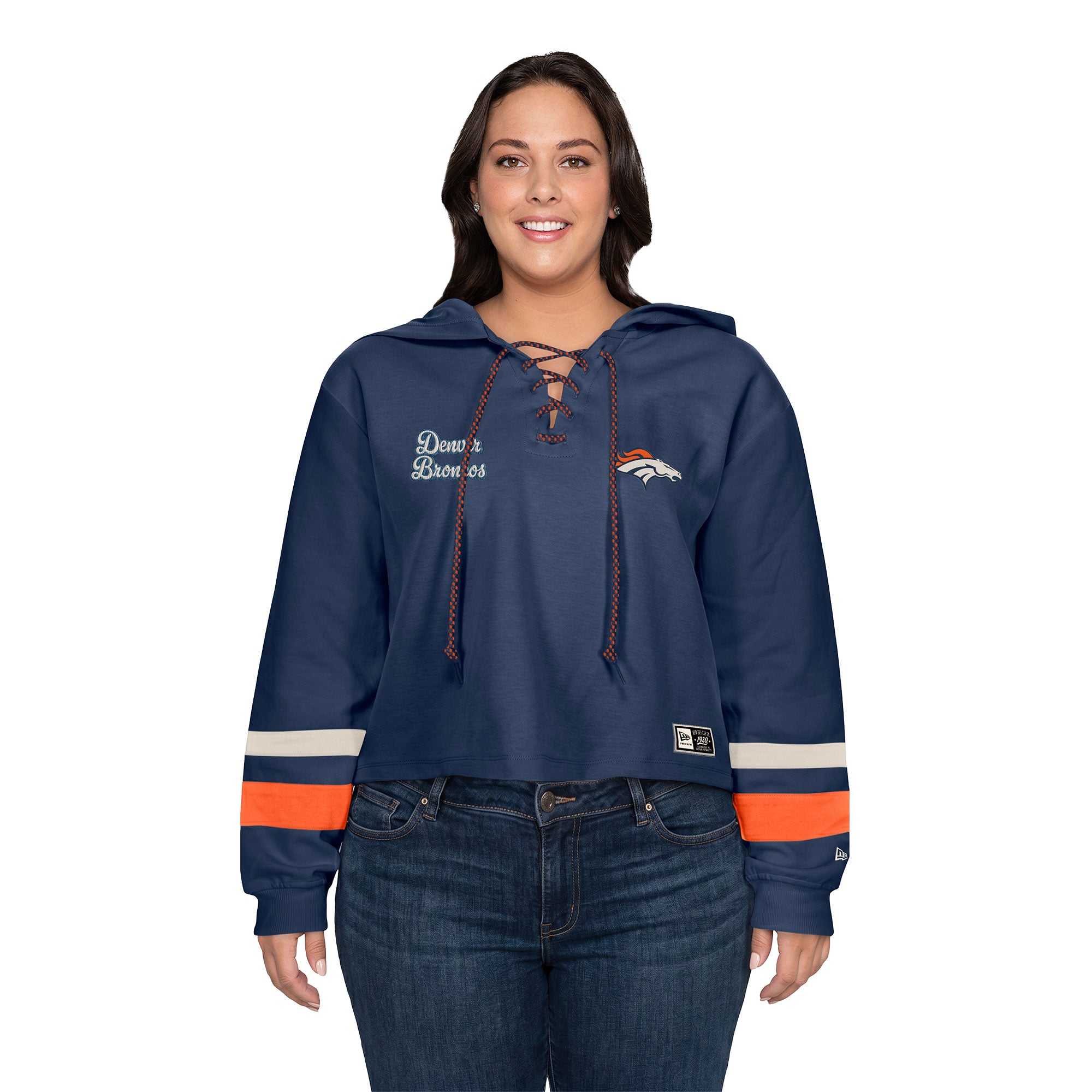 Sweat à capuche rétro lacets New Era bleu marine Denver Broncos pour femmes grandes tailles
