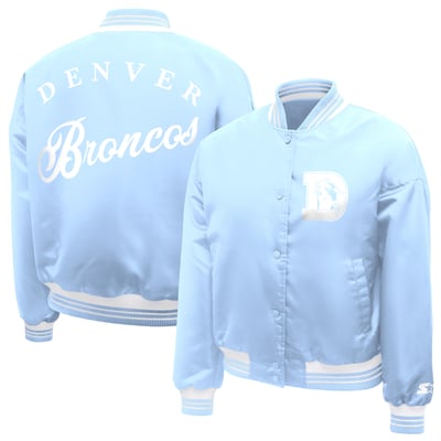  Denver Broncos Starter Women's Fashion Script Satin Varsity Jacket - Light Blue