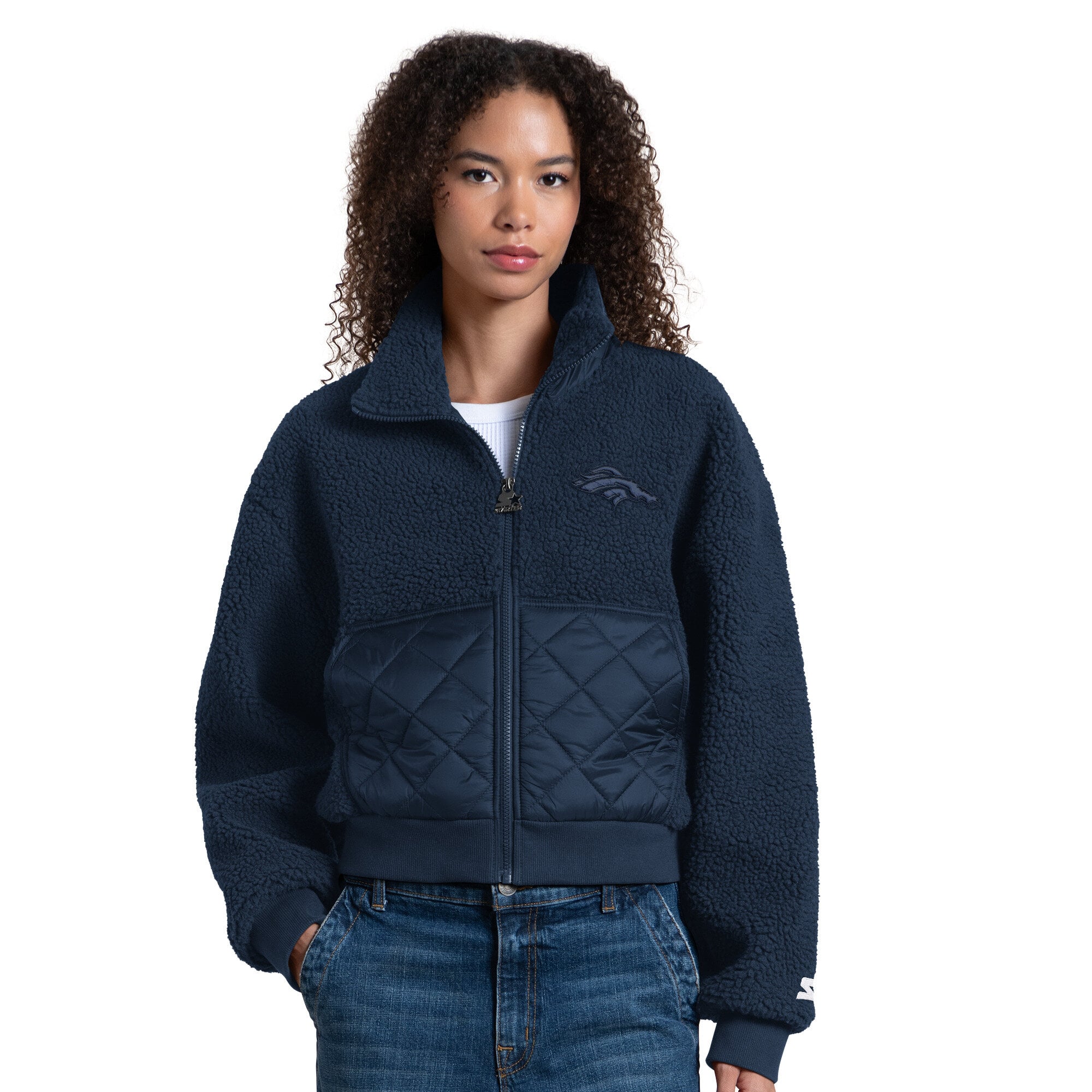 Veste zippée intégrale Starter Navy Denver Broncos Journeyman Sherpa pour femme