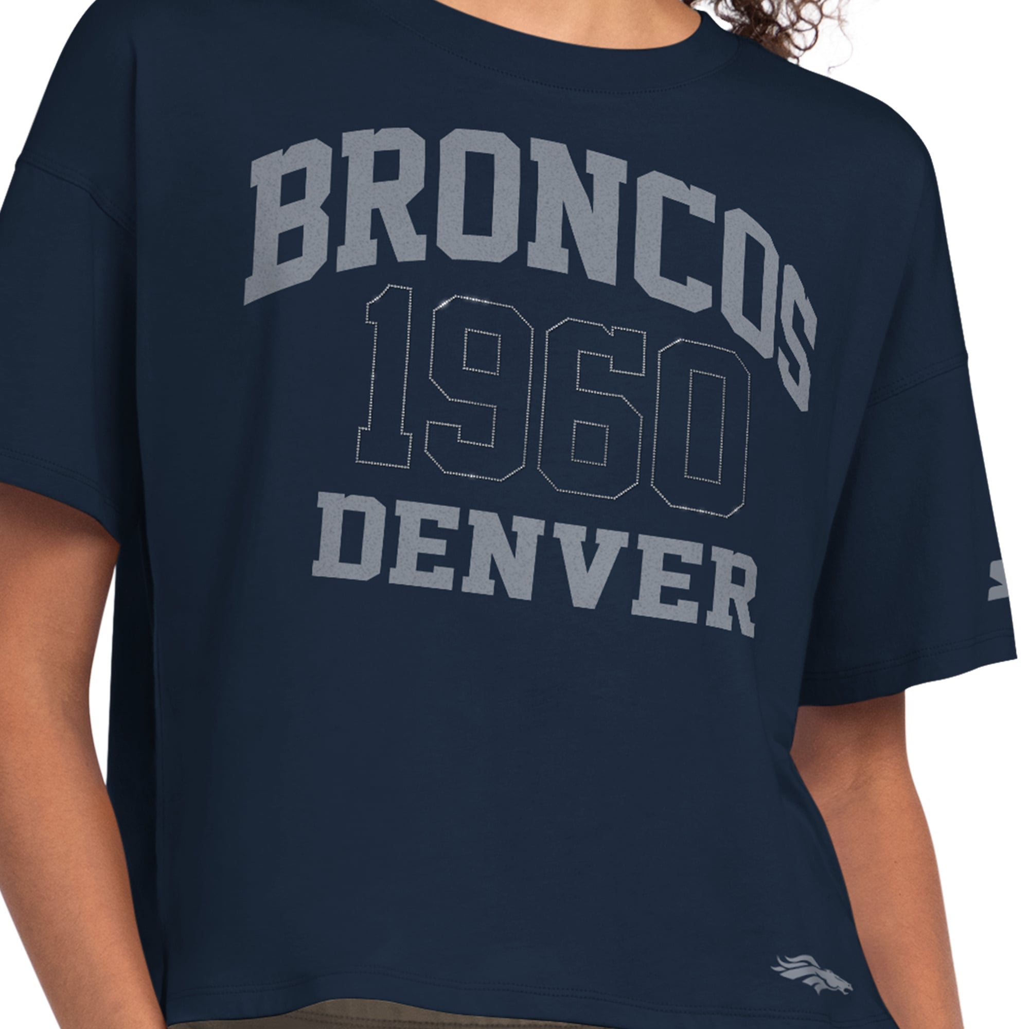 Women's Starter Navy Denver Broncos Rhinestone Boxy Cropped T-Shirt