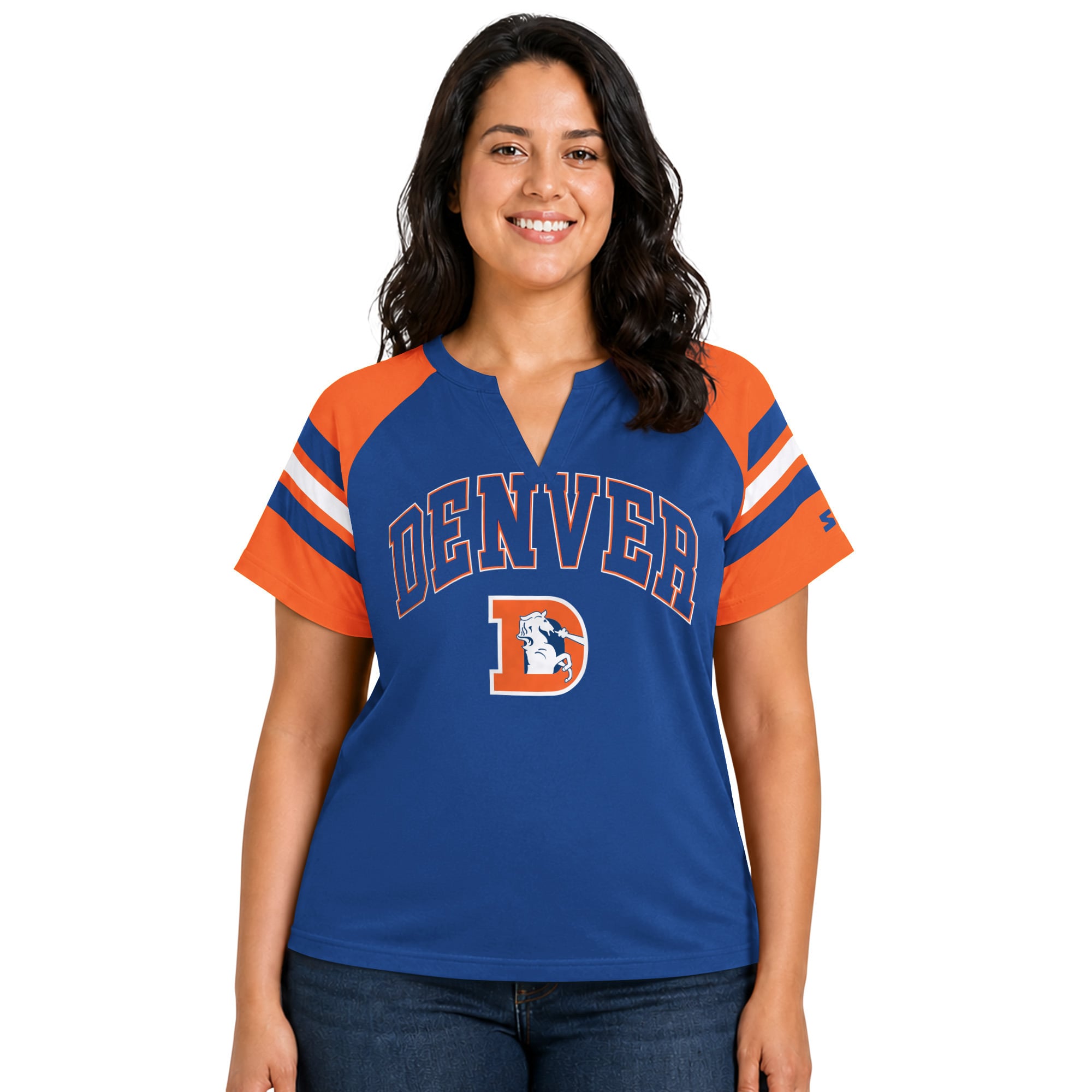 T-shirt raglan à col cranté Starter Royal Denver Broncos pour femme, grande taille, style rétro.