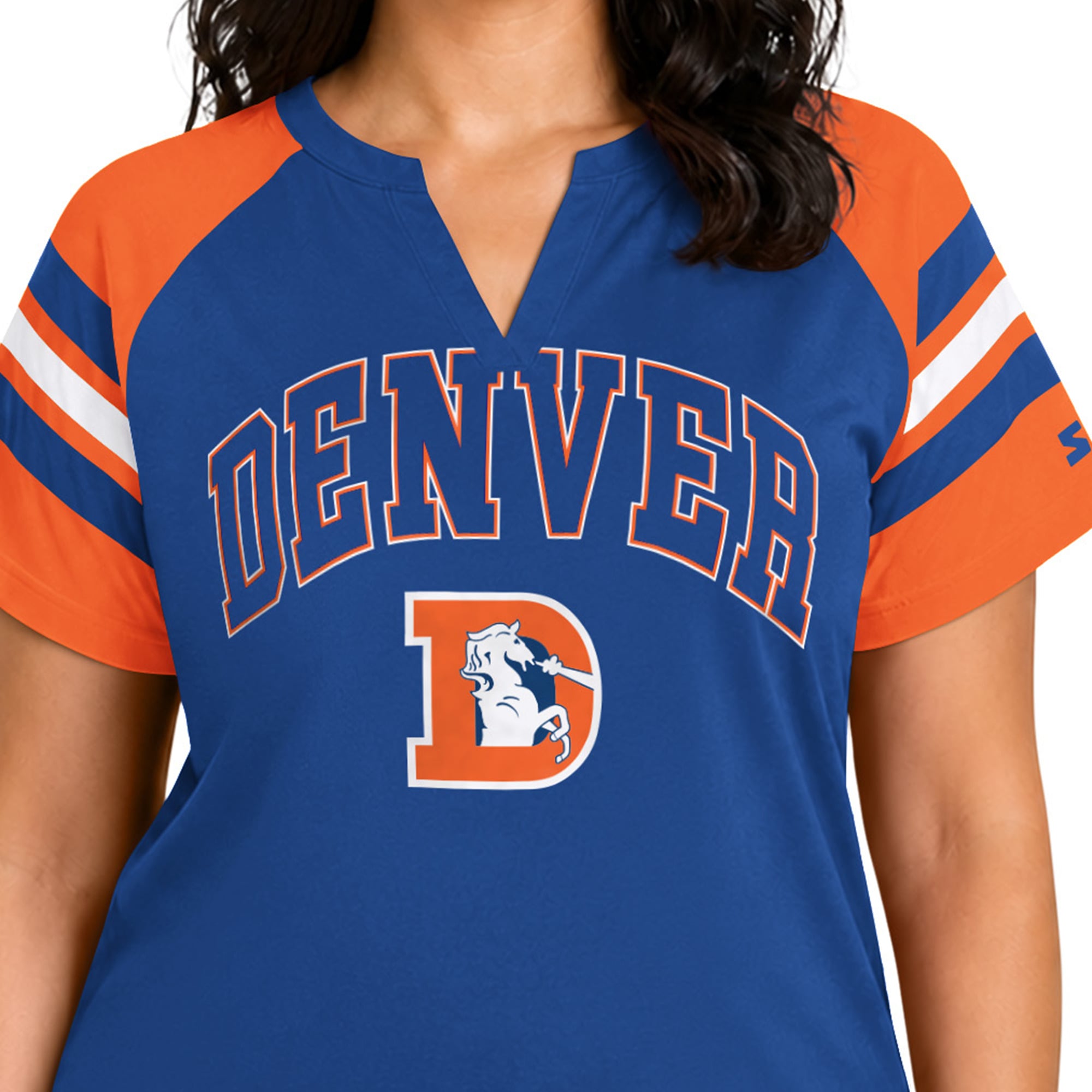 T-shirt raglan à col cranté Starter Royal Denver Broncos pour femme, grande taille, style rétro.