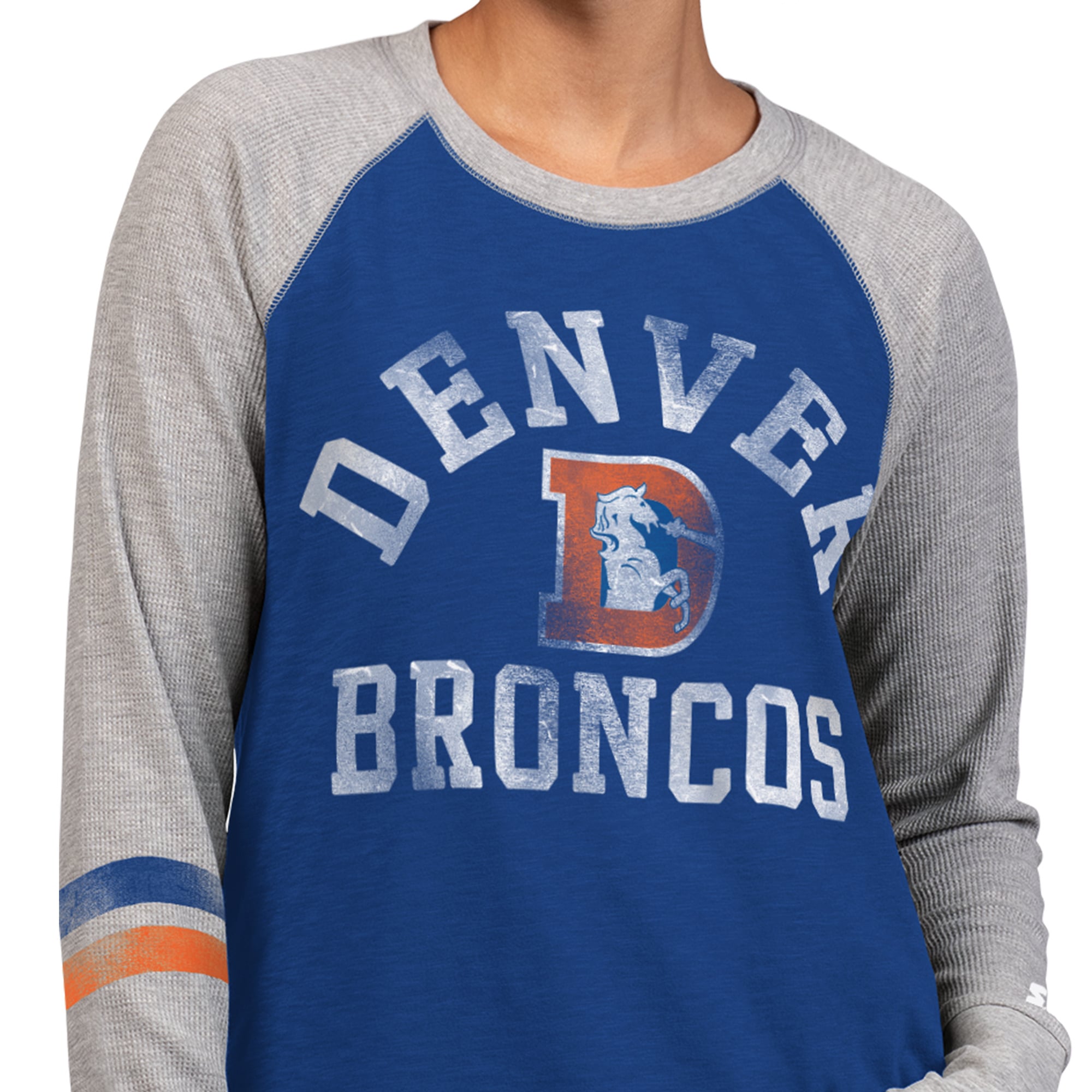 T-shirt à manches longues raglan en maille gaufrée Starter Royal/Gris Denver Broncos pour femmes