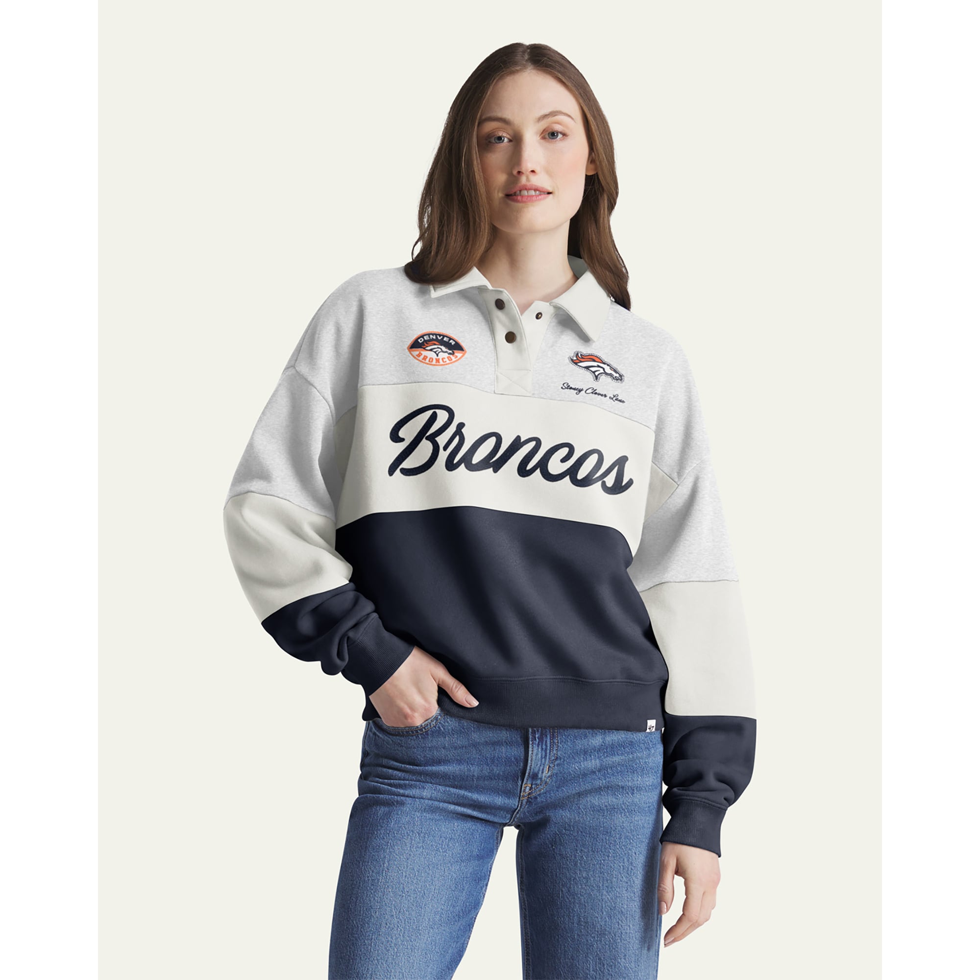 Denver Broncos Stoney Clover Lane x '47 Women's Cursive Paneled Rugby ...